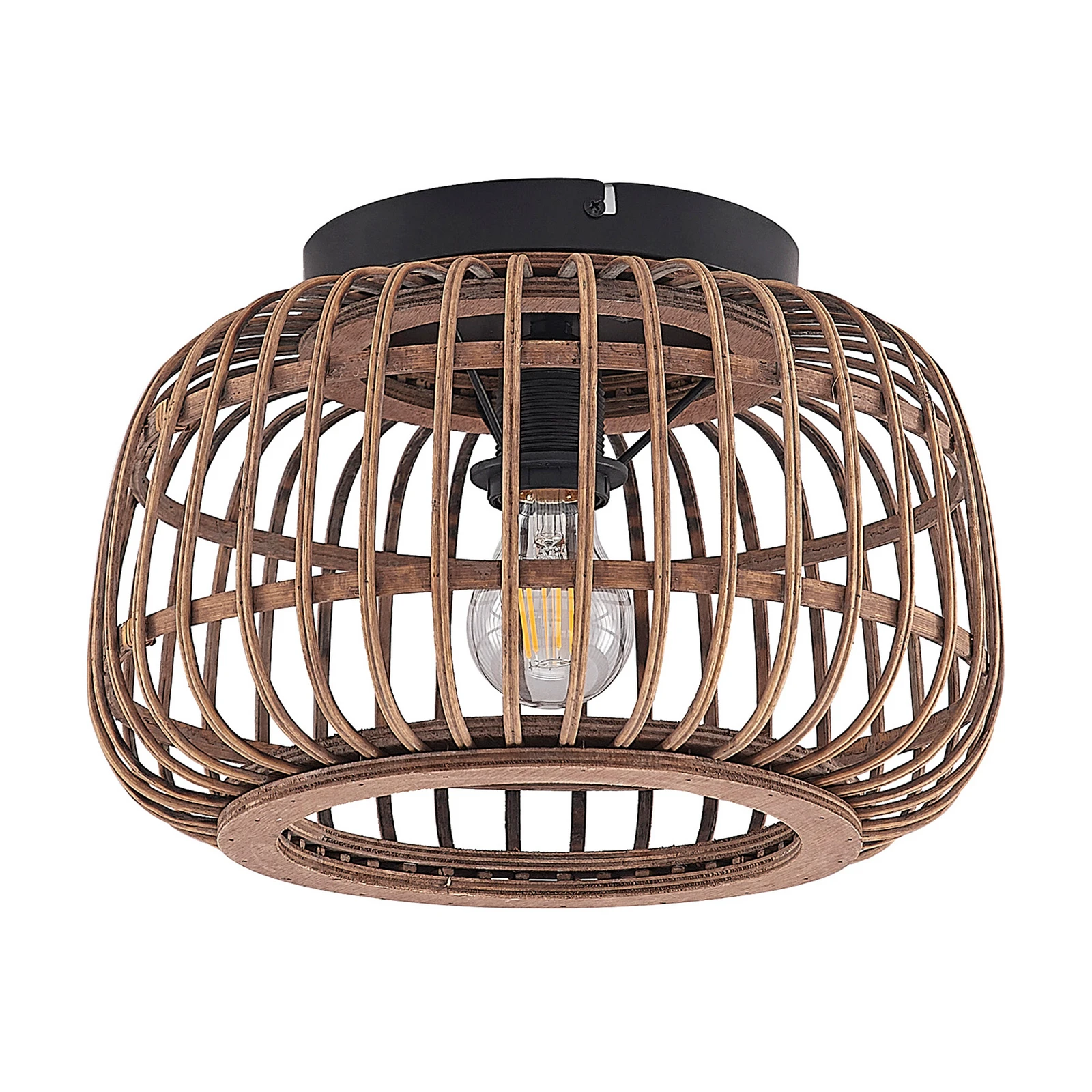 Lindby loftlampe Bominio, Ø 33 cm, rattan, træ, E27