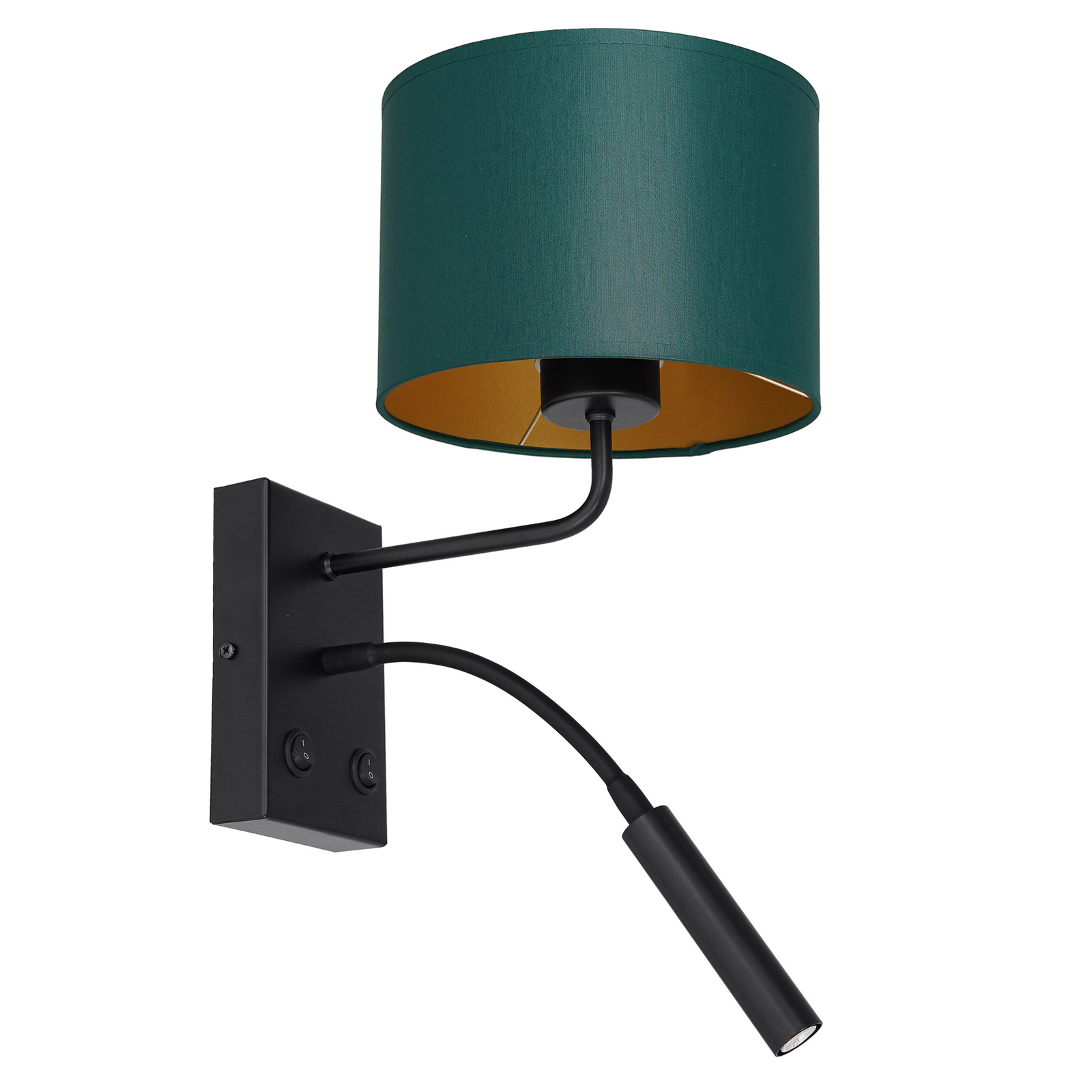 Wandlamp Soho, cilindervormig, leeslampje groen/goud