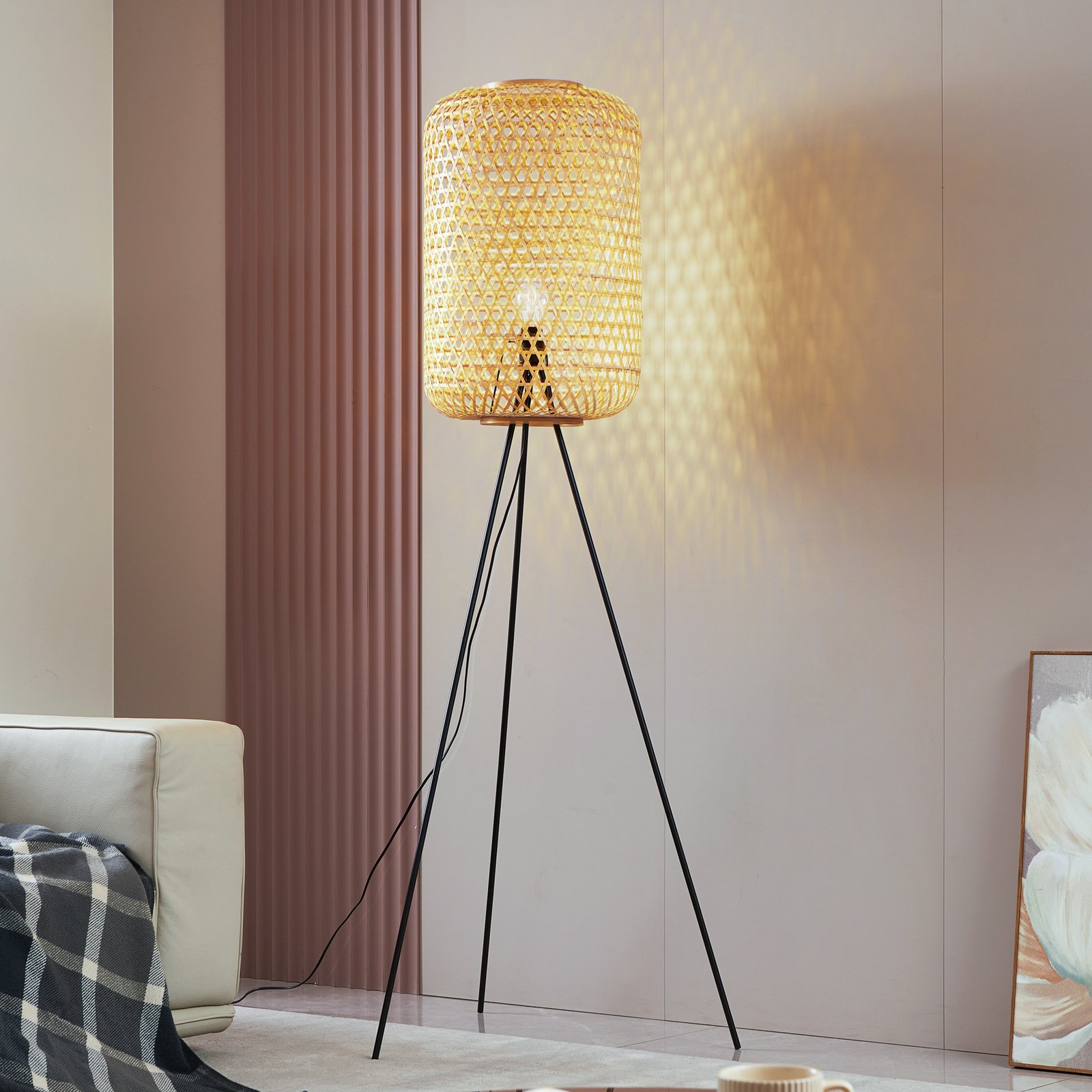 Lucande floor lamp Jorick, bamboo, tripod, height 166 cm