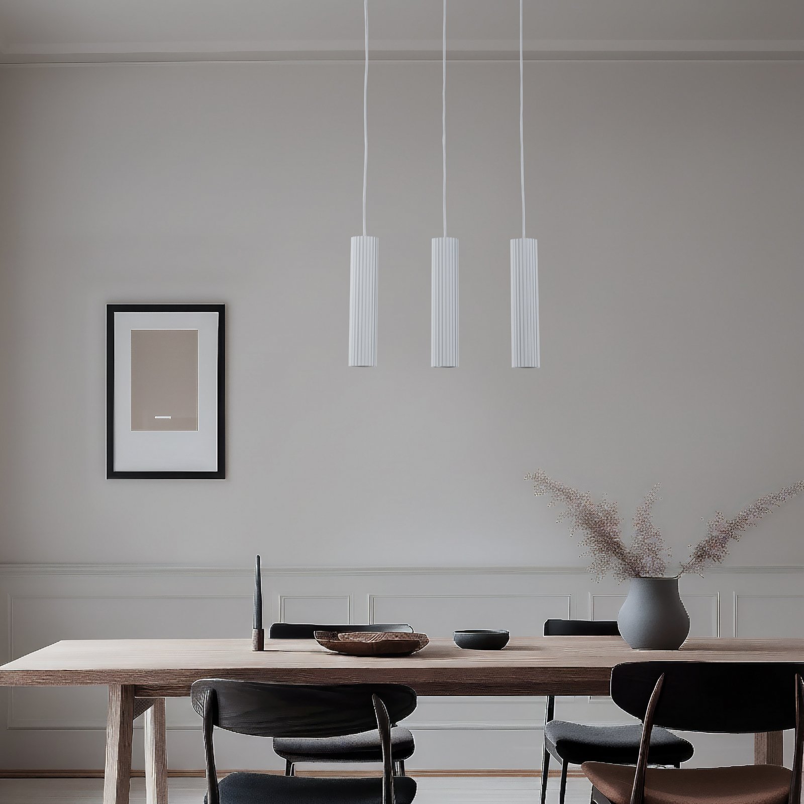 Carbon hanging light, white, length 45 cm, aluminium, 3-bulb.