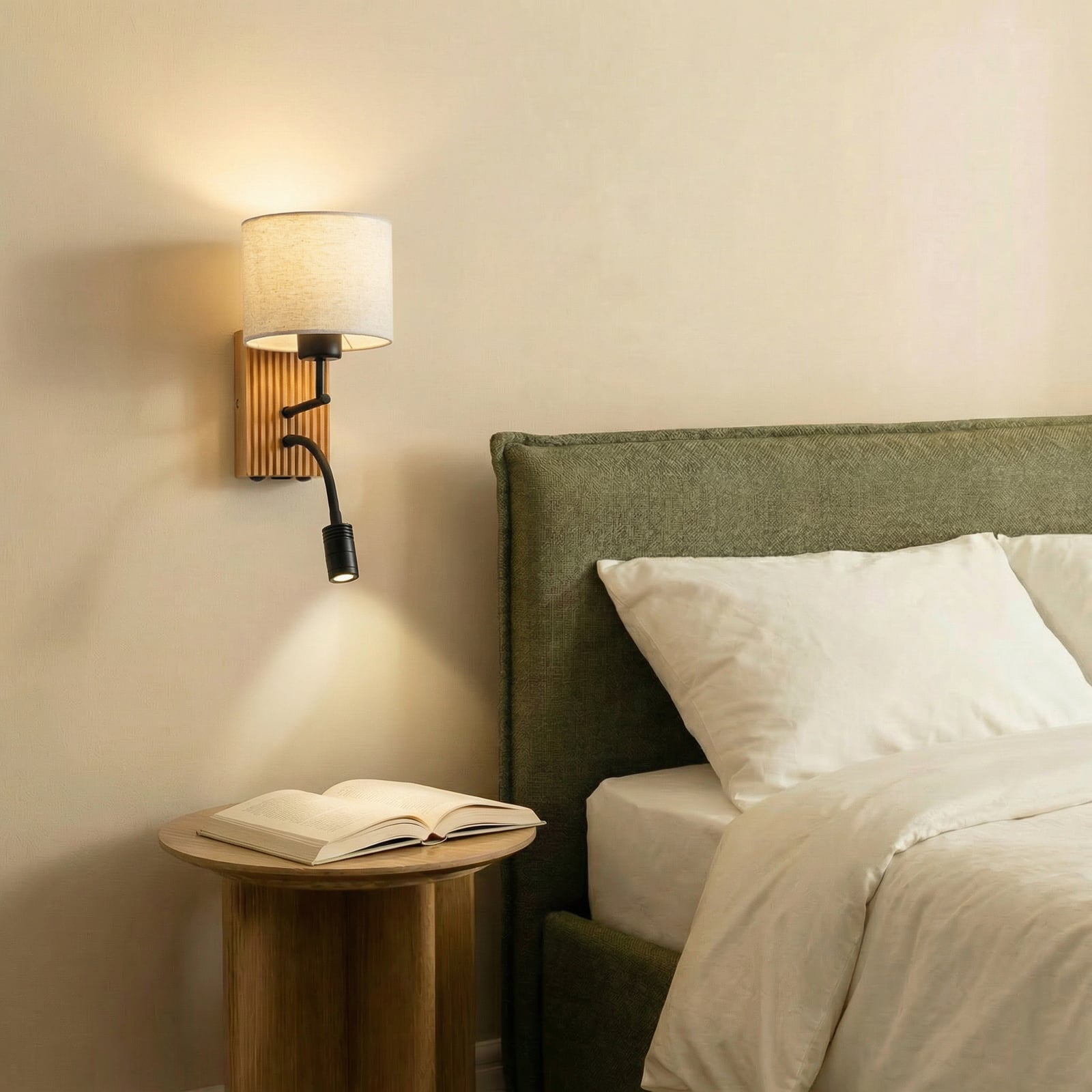 Aplique de pared Lucande Lieske, 39 cm, beige, textil, brazo de lectura