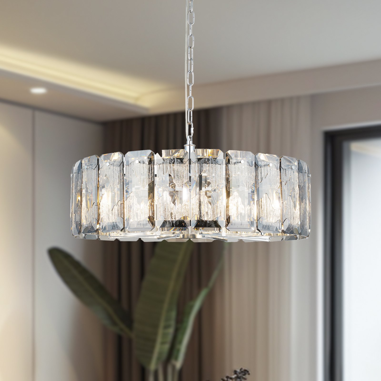 Orvin lysekrone, rund, krom, 8 lyskilder, Ø 67 cm, glass