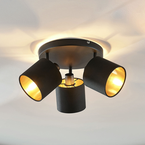 Stoff-Deckenlampe Vasilia in Schwarz-Gold, 3-fl.
