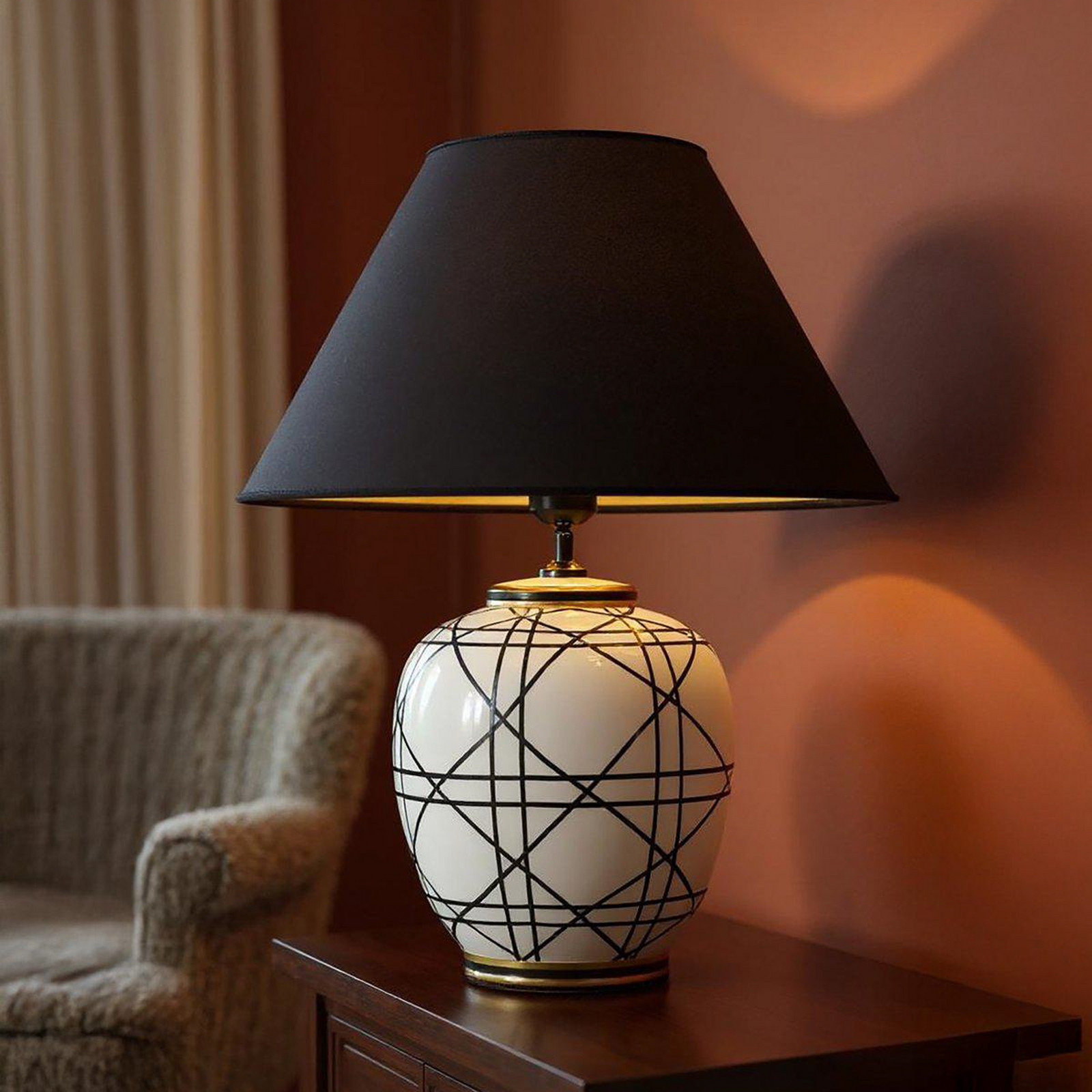 Lampa de masă PR Home New York negru înălțime 45 cm ceramică - Camera de zi / sufragerie - negru alb - Țesătură / Textil