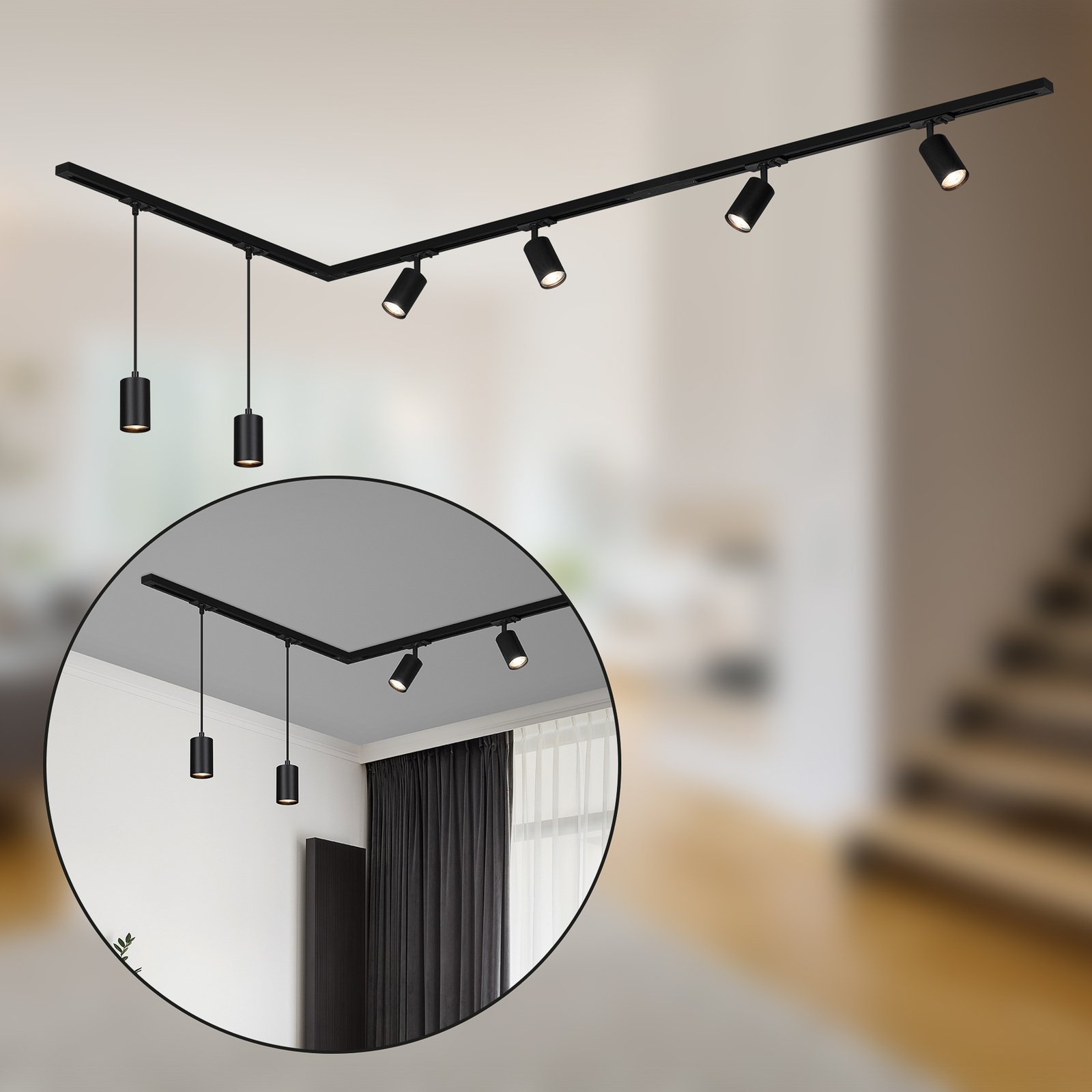 RAIL 230 V track lighting system, black, 4 spots, 2 pendants, 2.25m