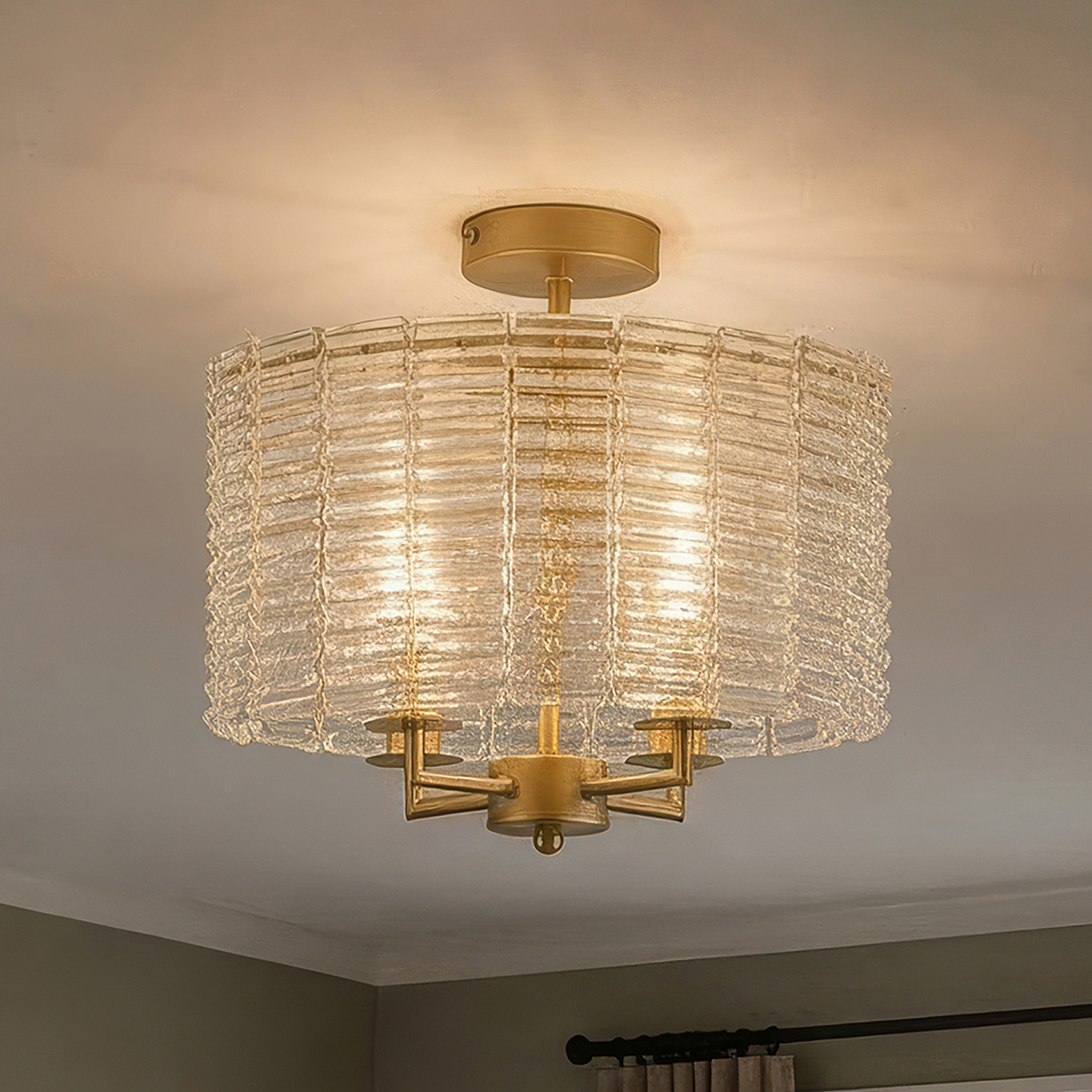 Plafón Flute, color dorado/transparente, cristal, metal, E14