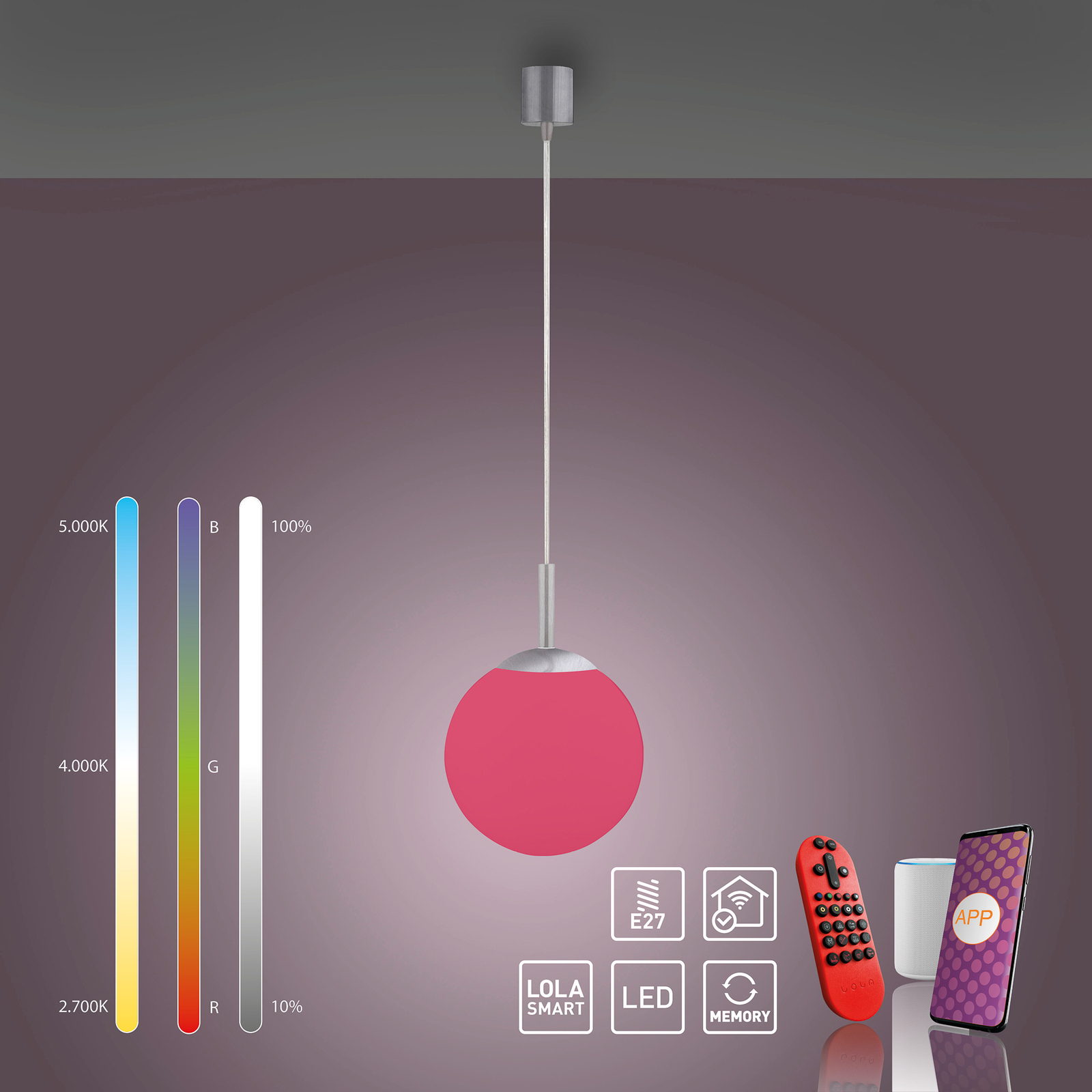 JUST LIGHT. LED závěsné svítidlo LOLAsmart Bolo, Ø 20 cm, RGB, CCT