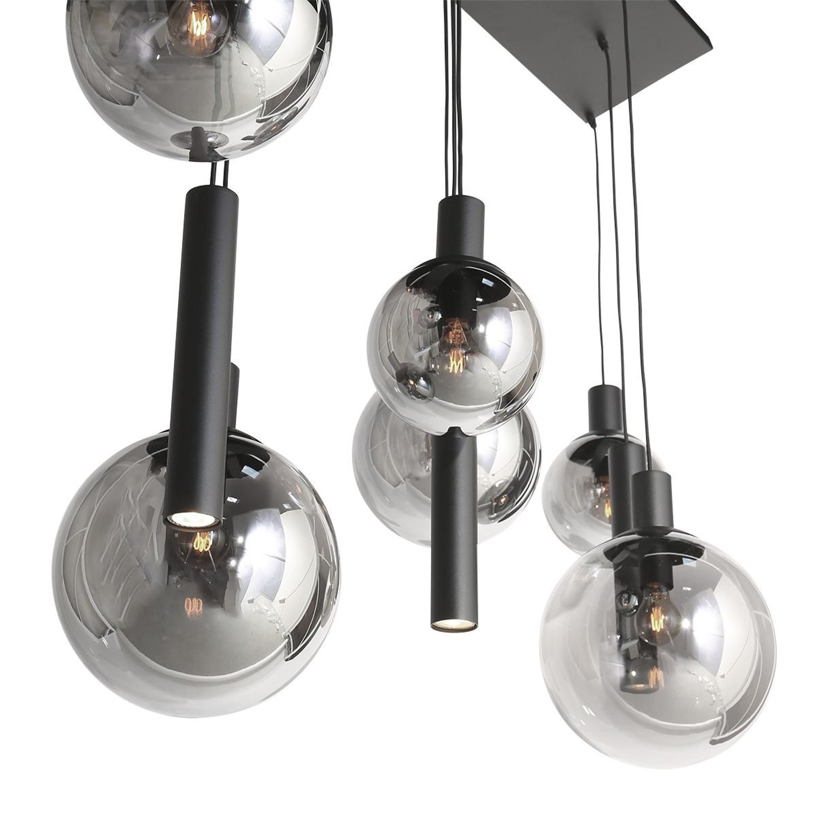 Bollique hanglamp, zwart, 9-lamps lang, glas, metaal