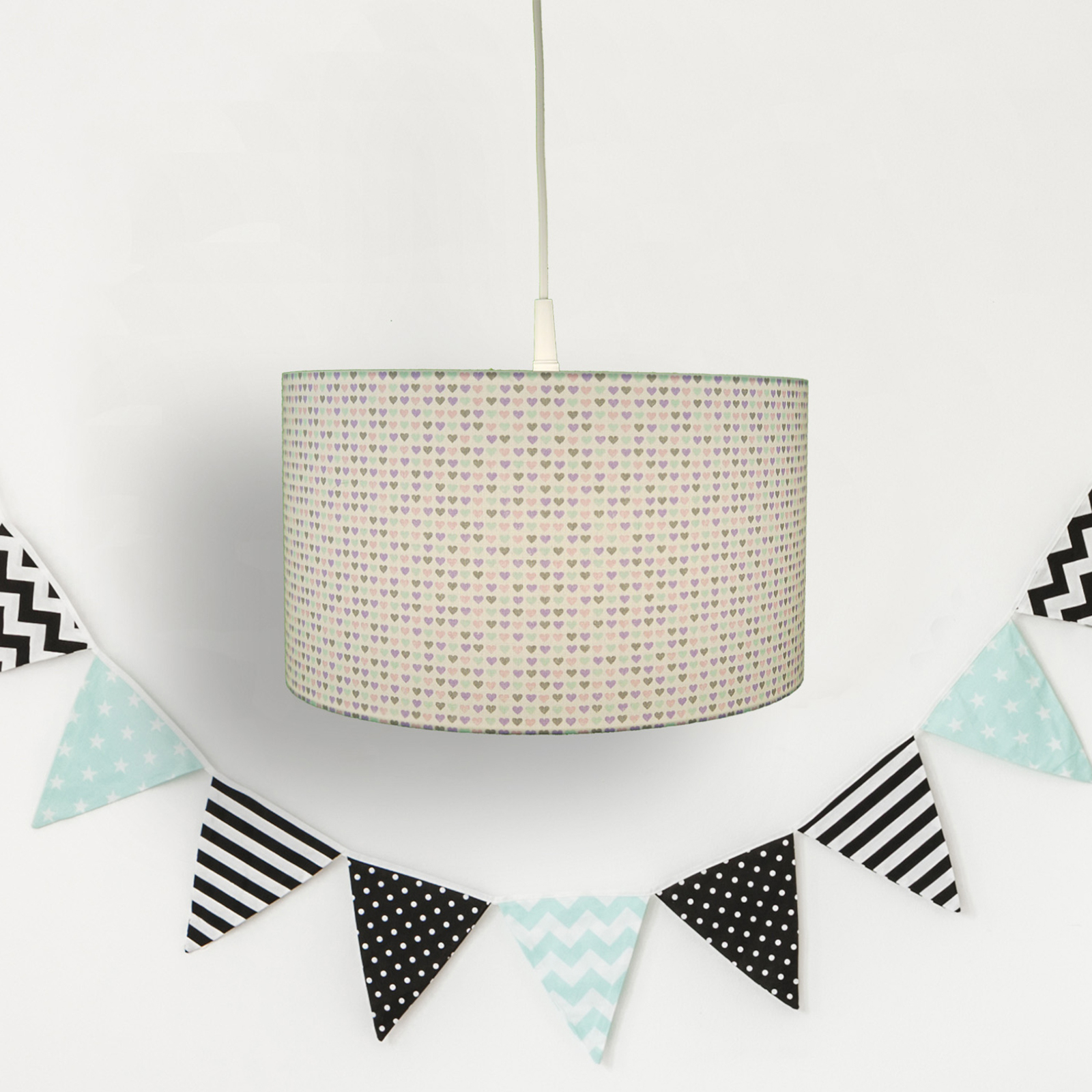 Niermann Standby Mini-hearts fabric hanging light, purple and mint, for Children's Room, fabric, metal, E27, 60 W, energy efficiency: A++, H: 19 cm