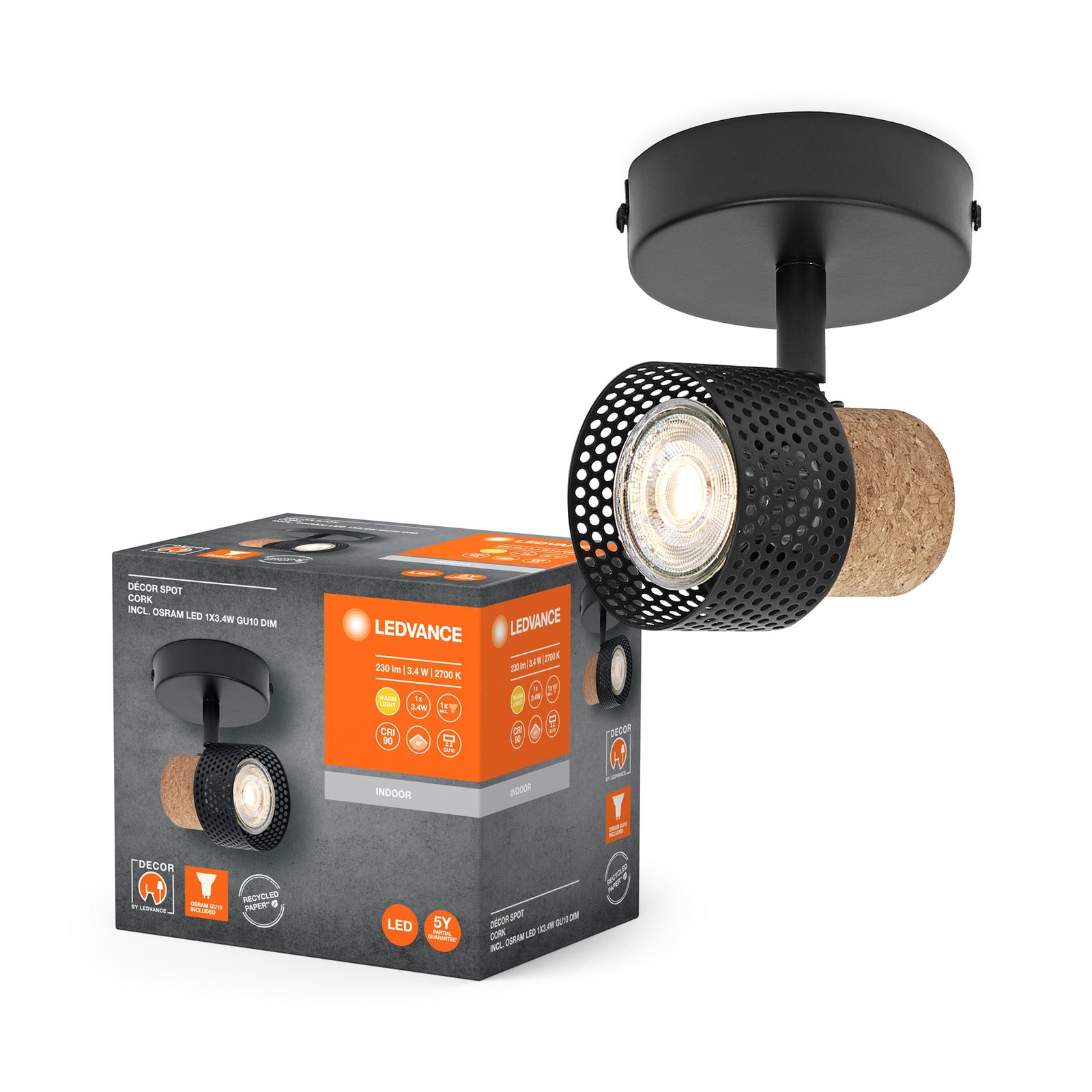 LEDVANCE LED-veggspotlight Cork, GU10, dimbar, svart