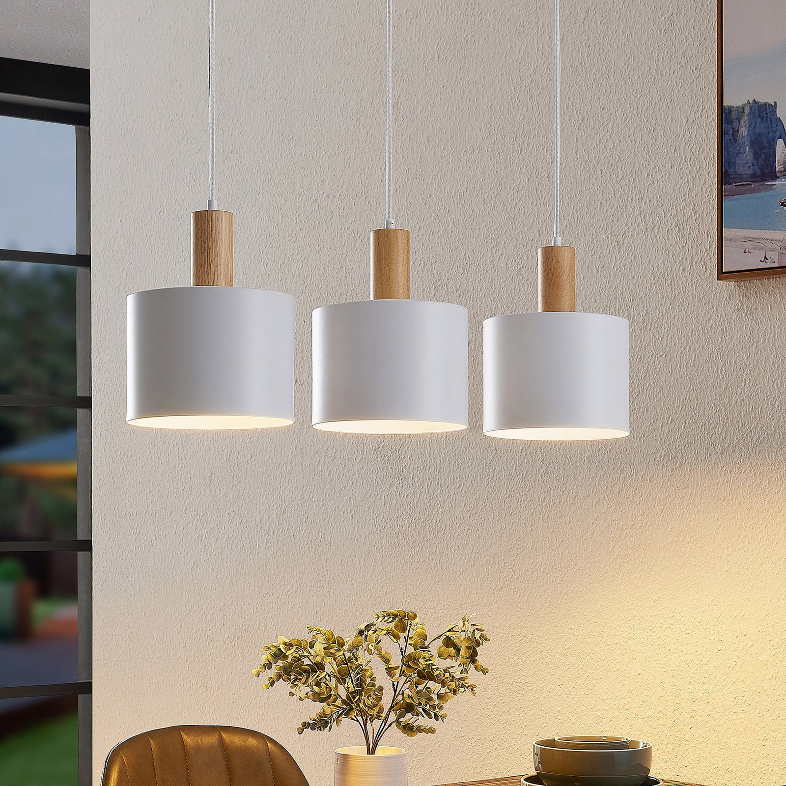 Lindby lampă suspendată Kadir 73 cm 3 becuri alb lemn - Camera de zi / sufragerie - modern - Metal