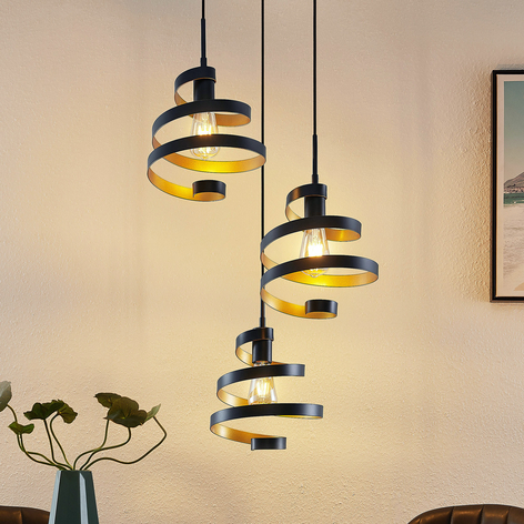 Lindby Colten suspension, à 3 lampes, noire, dorée