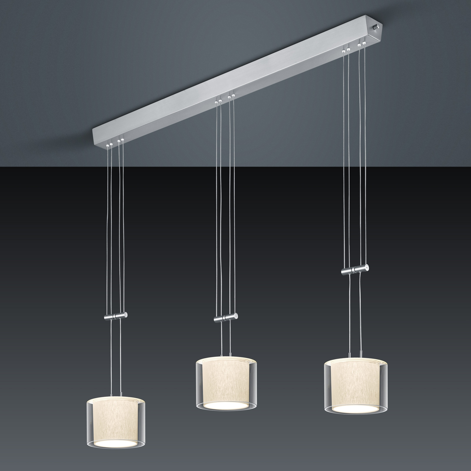 BANKAMP Cecil LED hanging light 3-bulb, for Living / Dining Room, glass, fabric, metal, 22 W, energy efficiency: A+, L: 106 cm, W: 22 cm
