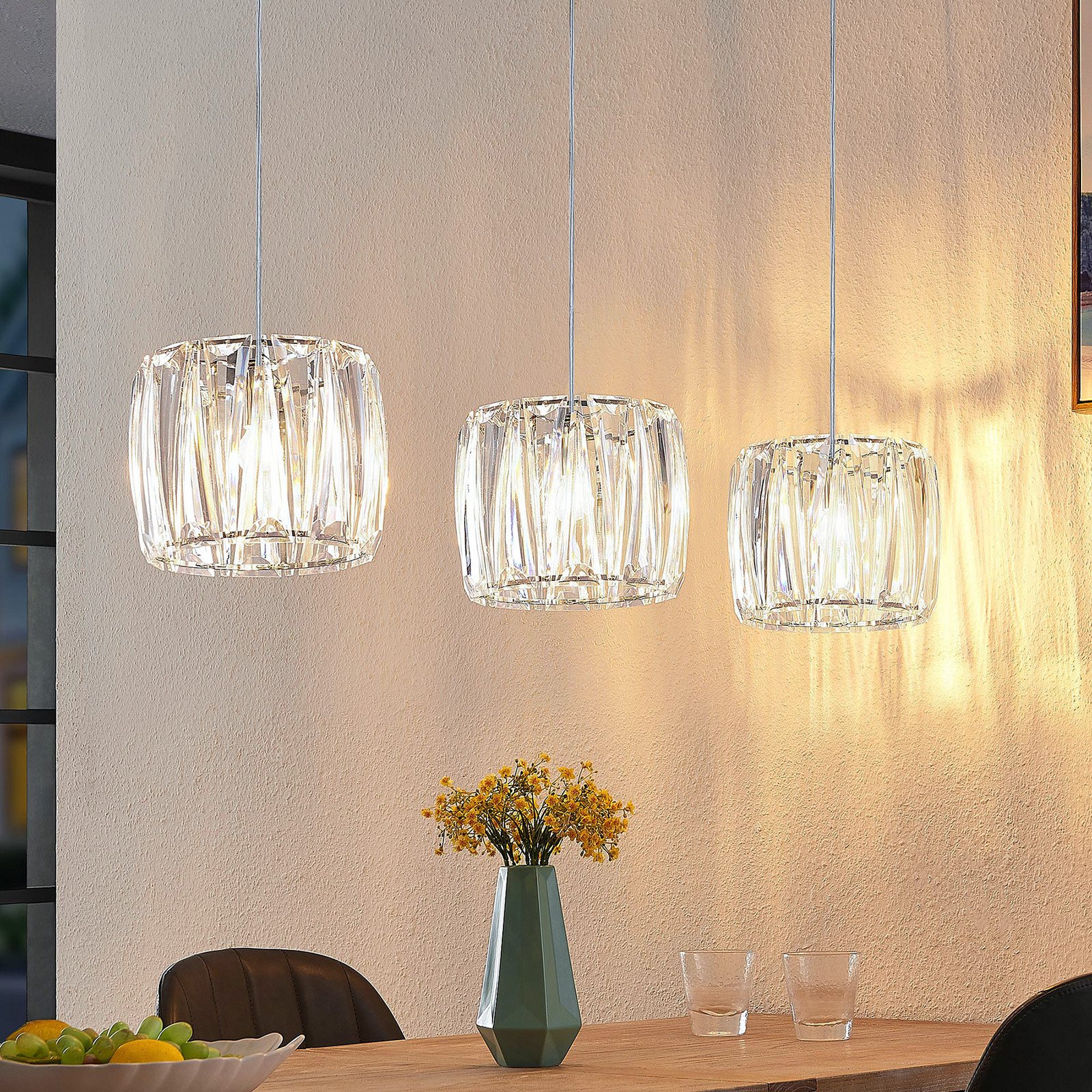 Lampă suspendată Lindby Sofia 107 cm 3 becuri E14 crom/limpede - Camera de zi / sufragerie - transparent cromat - Plastic