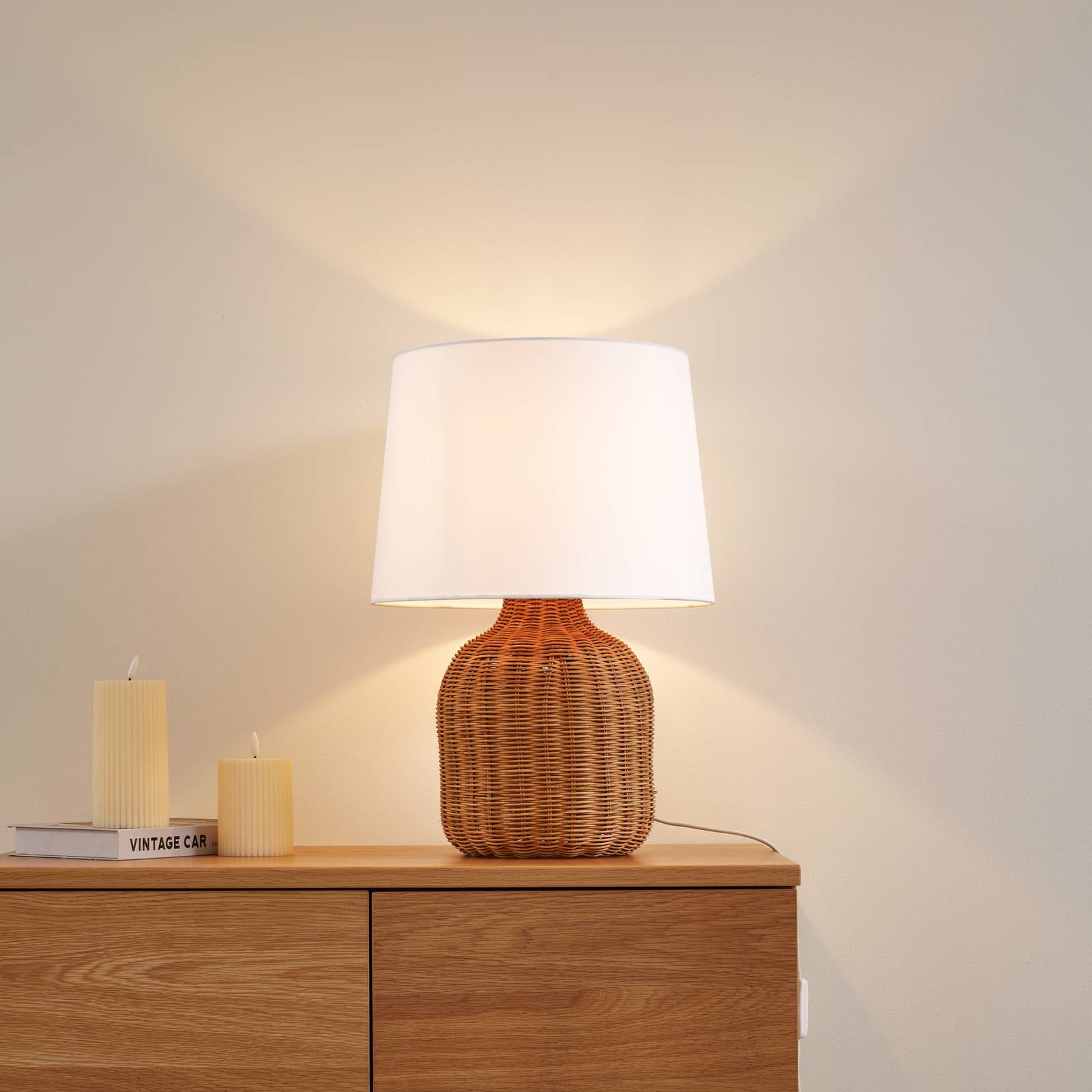 Lindby Tischleuchte Lirenda, Höhe 52 cm, Rattan, natur/weiß günstig online kaufen