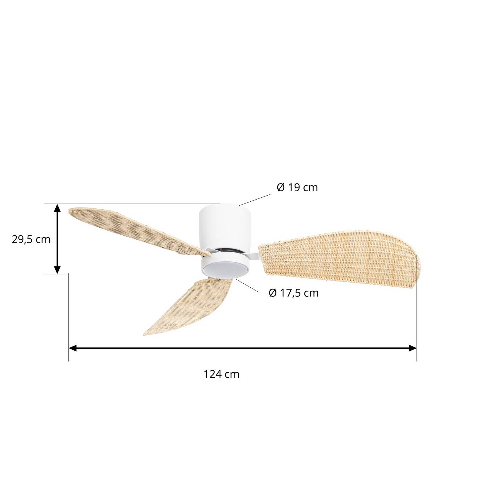 Wentylator sufitowy LED Lucande Faipari, biały/rattan, DC, 132 cm