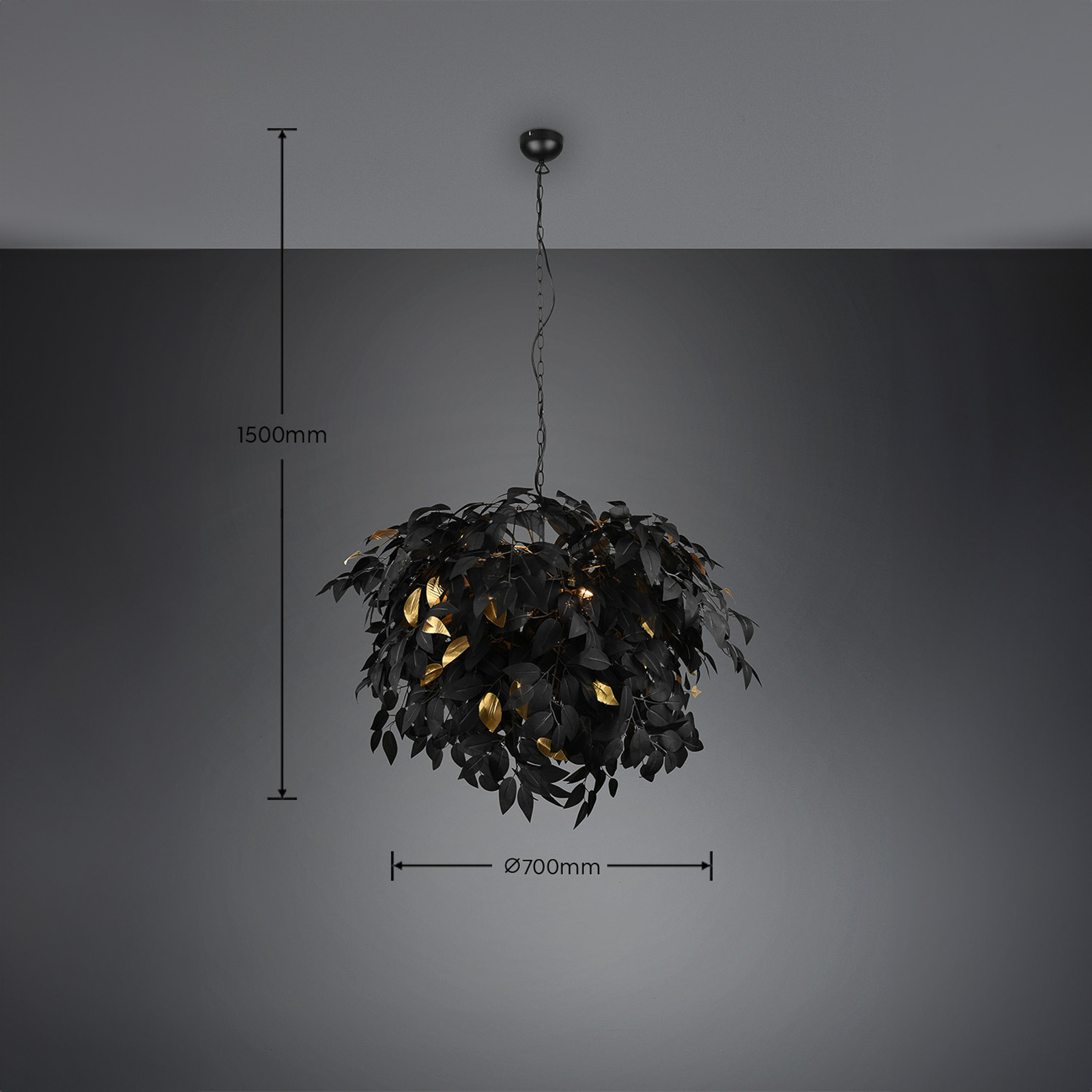 Leavy hanging light, black/gold, Ø 70 cm, plastic