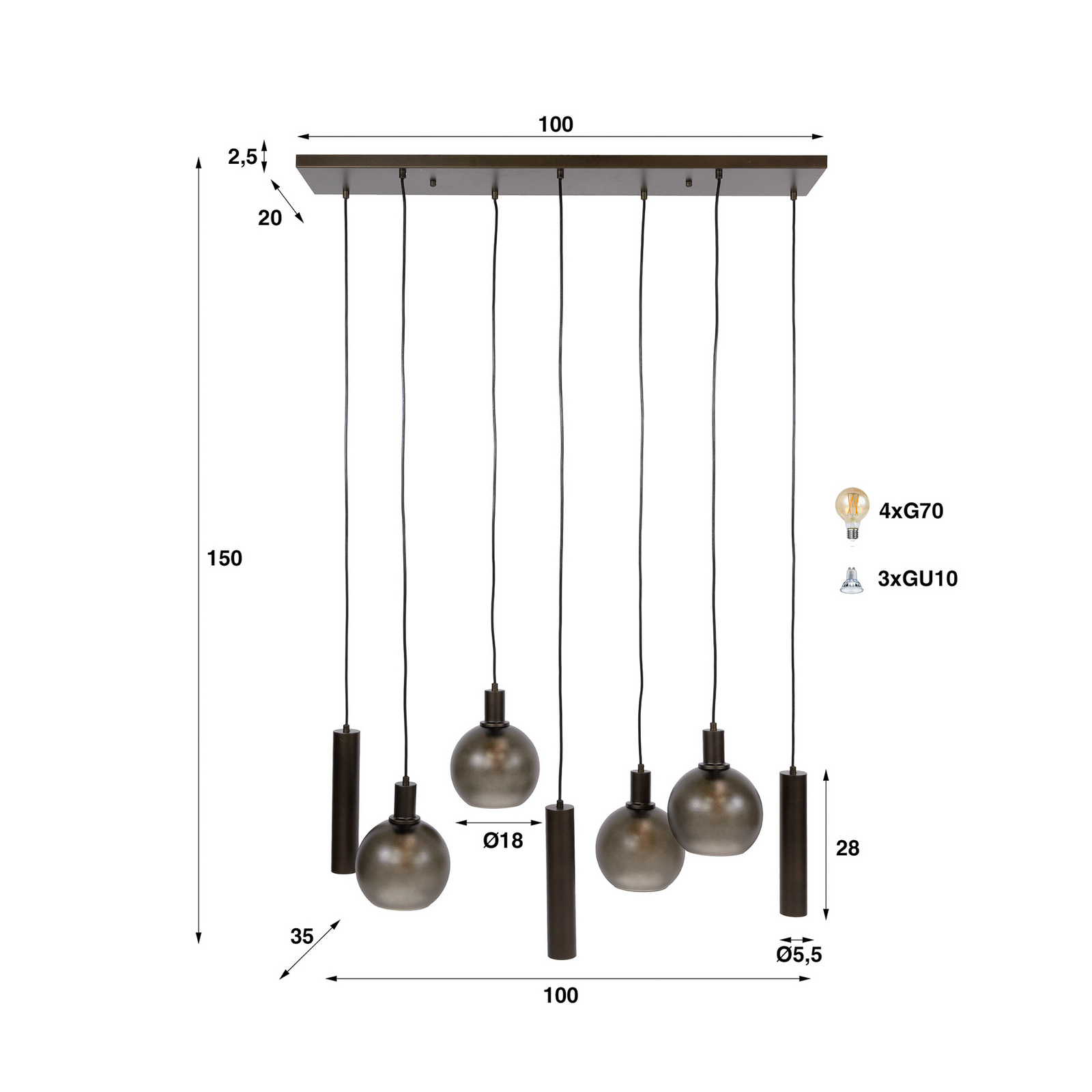 Pendelleuchte Sfera Tricolore, schwarz, 7-flg., E27/GU10