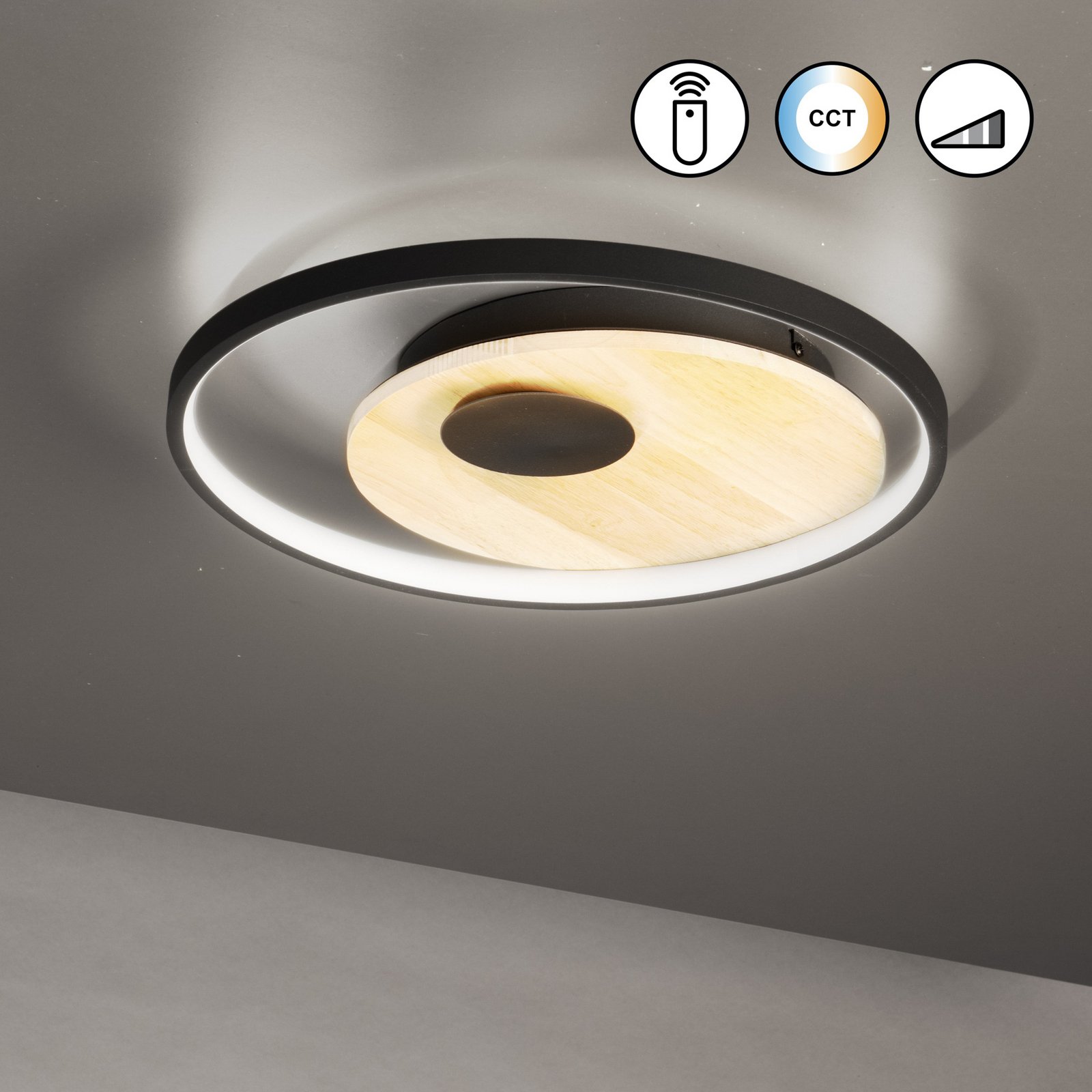 Plafonieră LED Marit, Ø 40 cm, negru nisip, metal/lemn