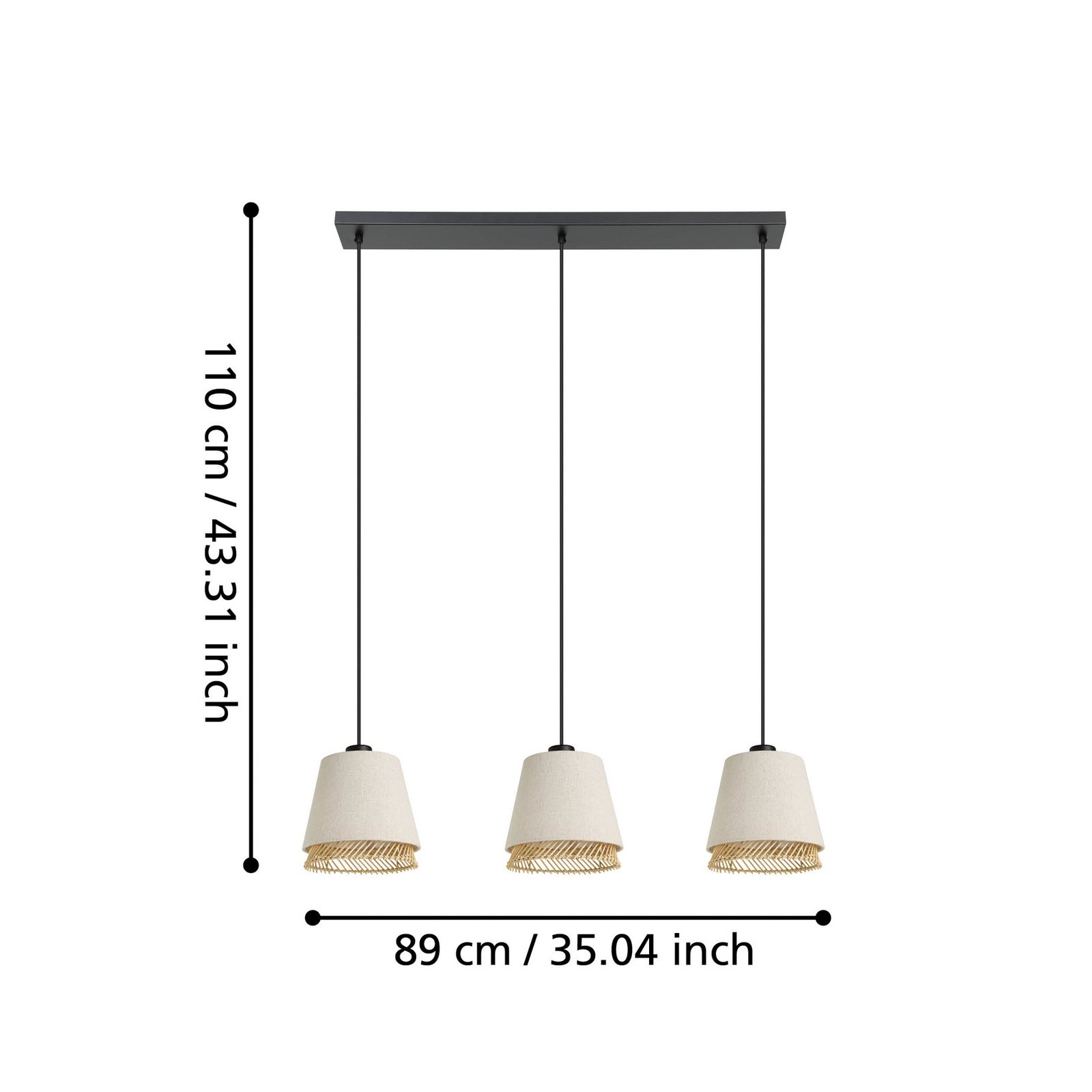 Hanglamp Tabley, kleur zwart/naturel, 89 cm, stof, 3-lamps.