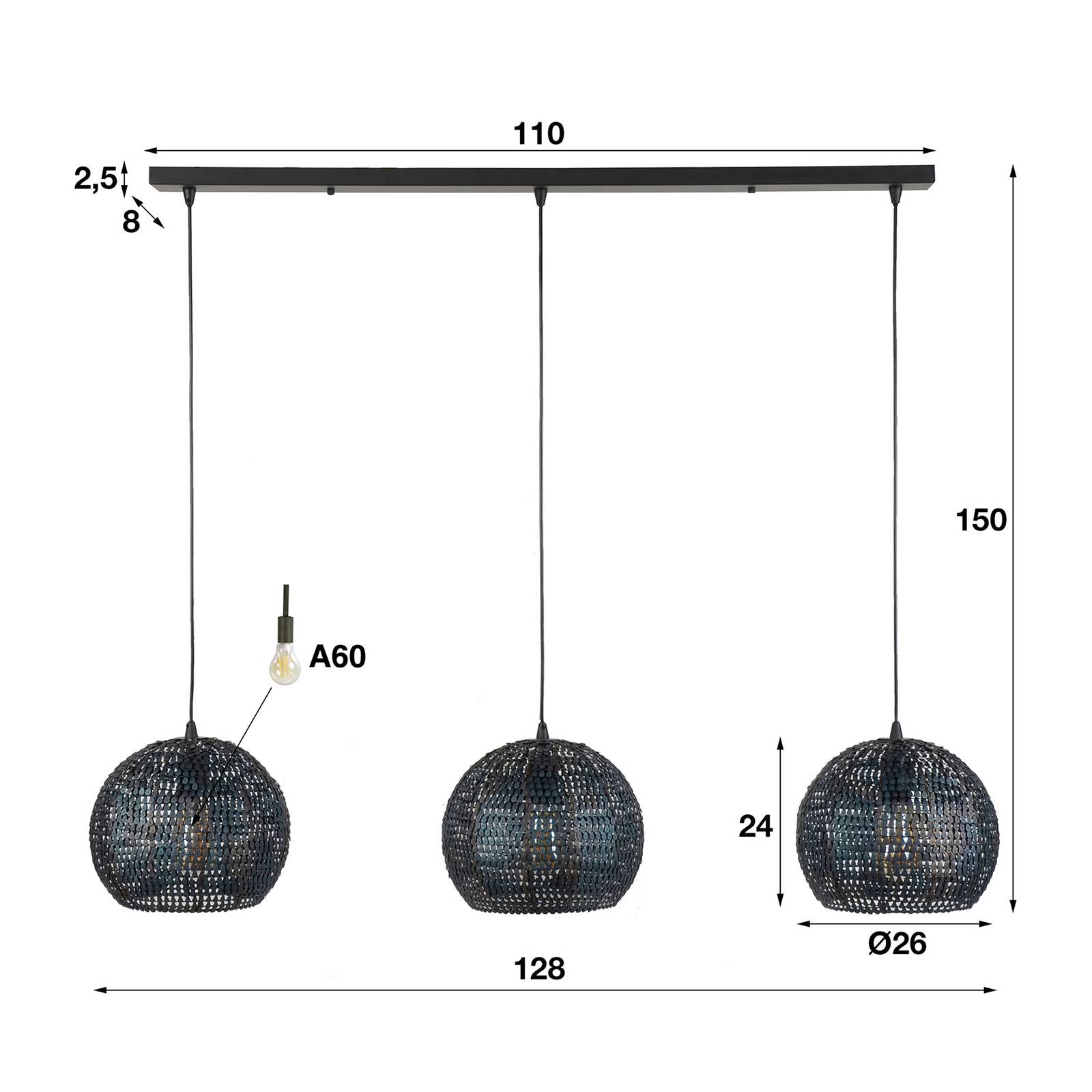 Lampa wisząca Setengah 3-punktowa, klosze okrągłe