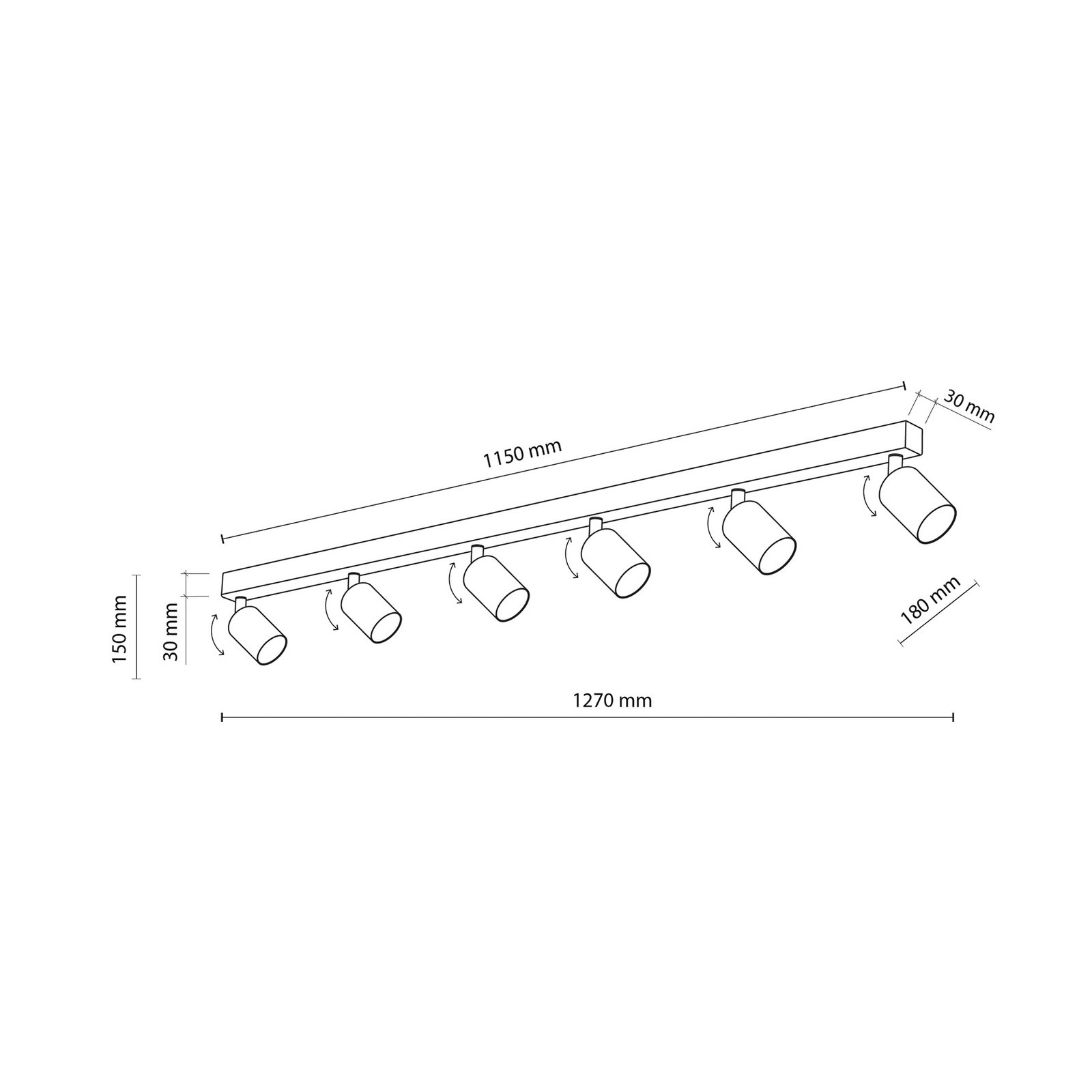 Top plafondspot, zwart, 127 cm, 6-lamps, metaal, GU10