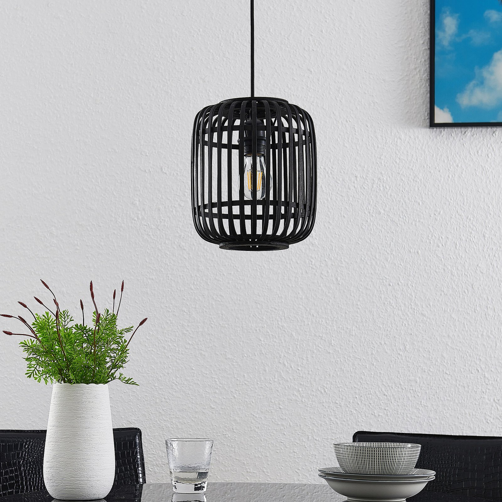 Lindby Canyana hanglamp, zwart, rotan, Ø 22 cm