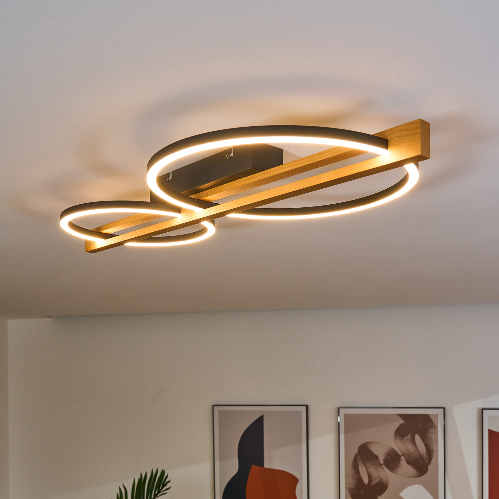 LED ceiling light Tovak, pine, length 75.8 cm, 2-bulb wood