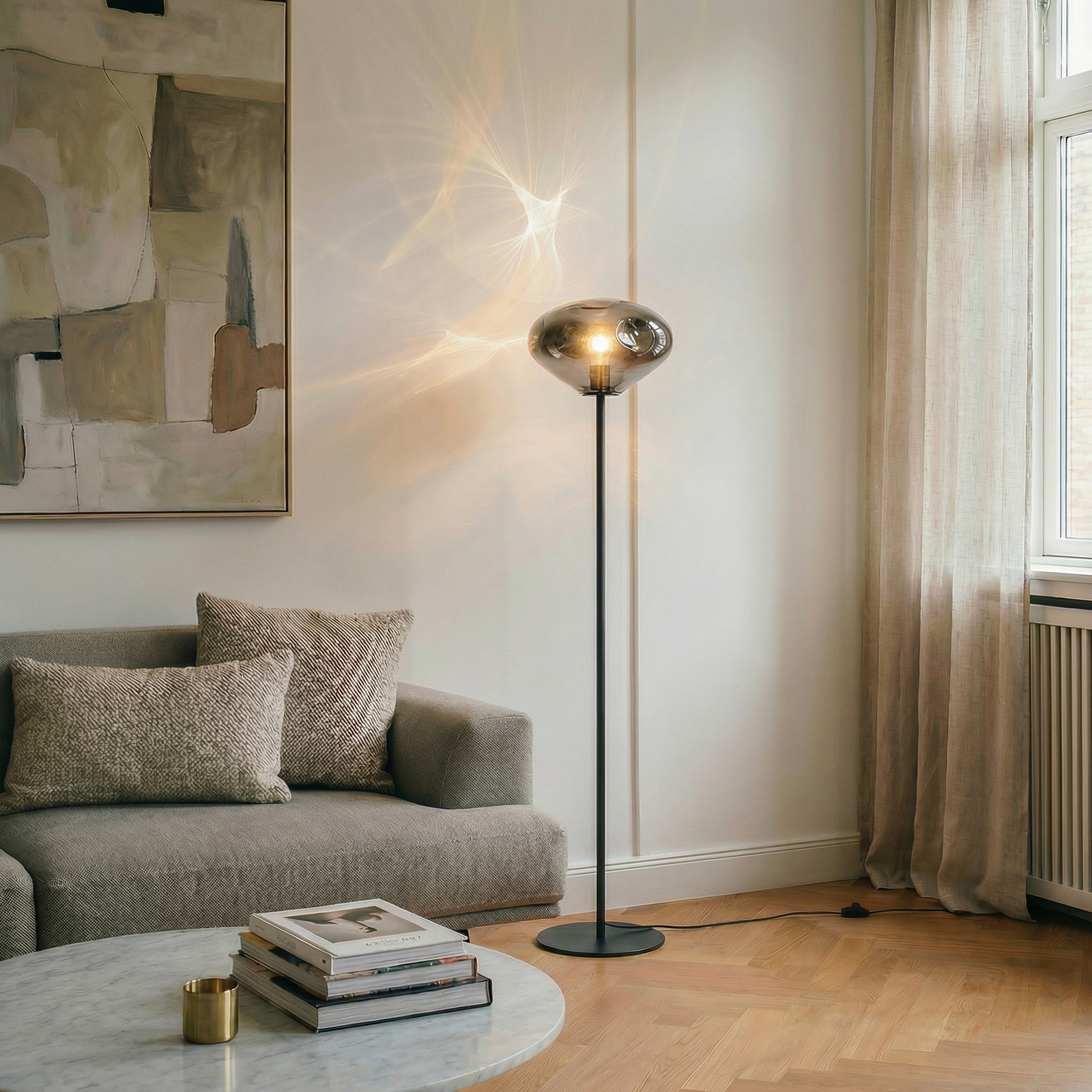 Lelia vloerlamp hoogte 150 cm rookgrijs glas metaal - Lindby