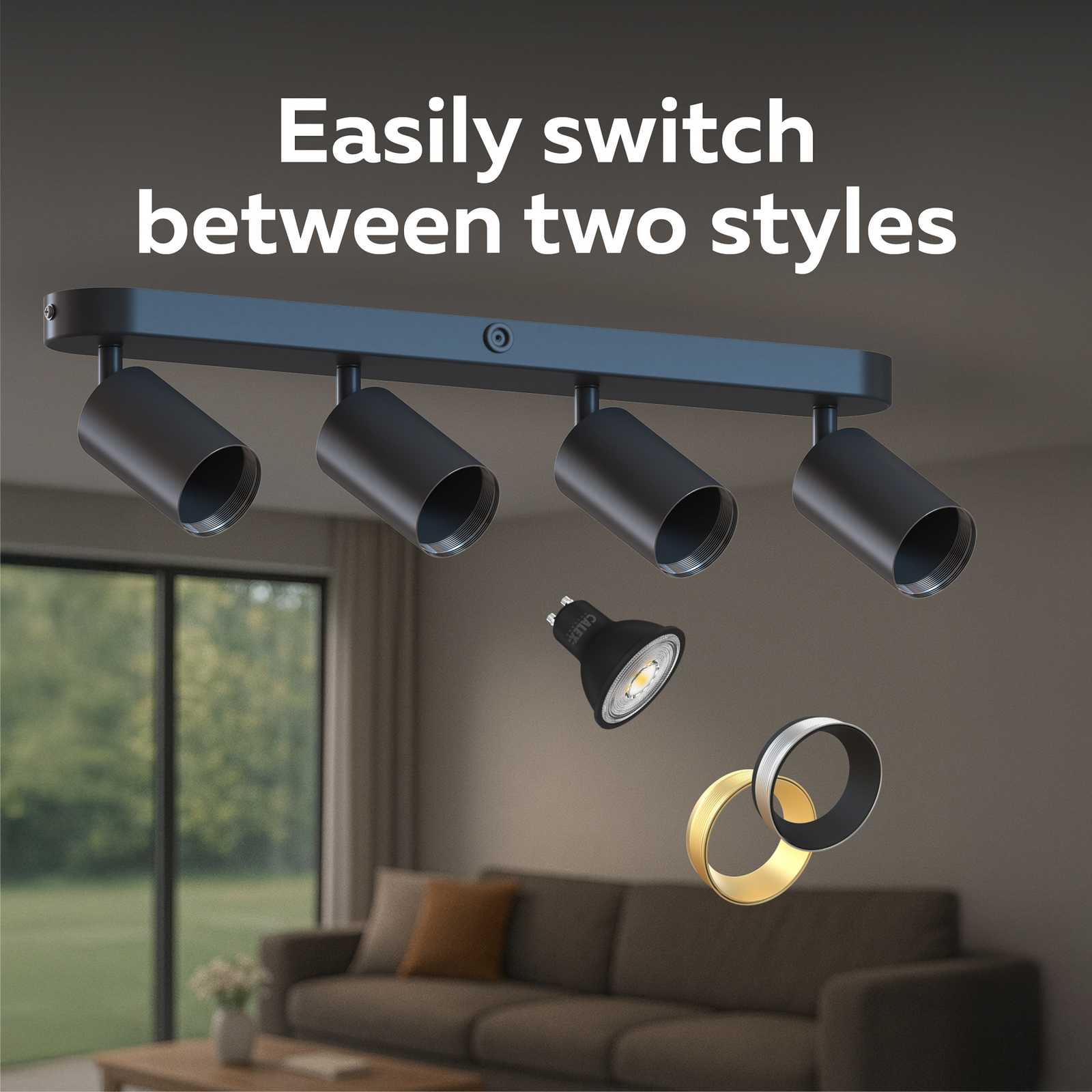 Calex GU10-Deckenspot, schwarz, Länge 49 cm, 4-flg., Metall