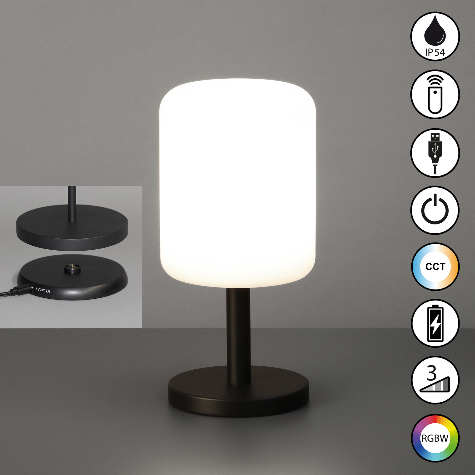 Lampe de table LED rechargeable Volterra Pro, IP54, RGBW, télécommande