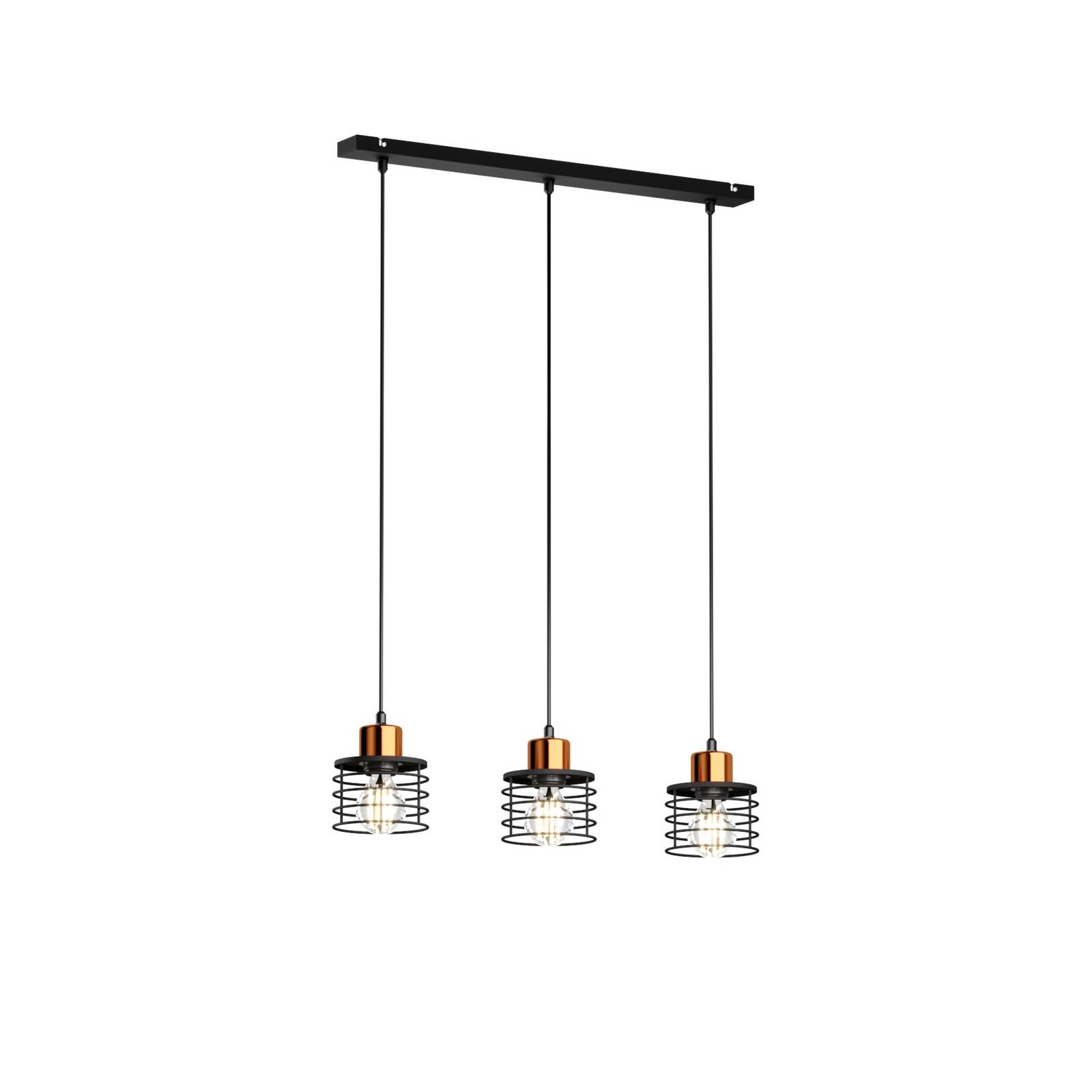 Suspension Edison en noir/cuivré 3 lampes allongée