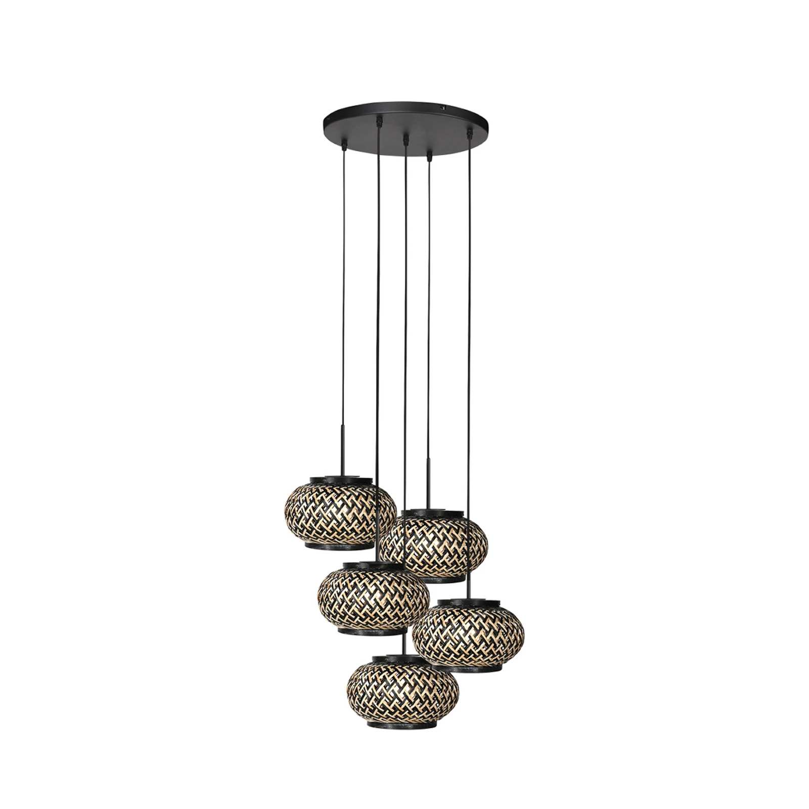 Suspension NoxLight, à 5 lampes, ronde, noire, tressage de bambou