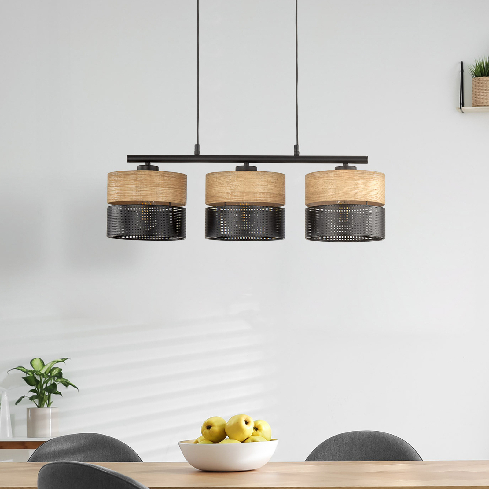 Nicol hanging light, black/wood-effect, 70x20 cm 3-bulb, 3 x E27