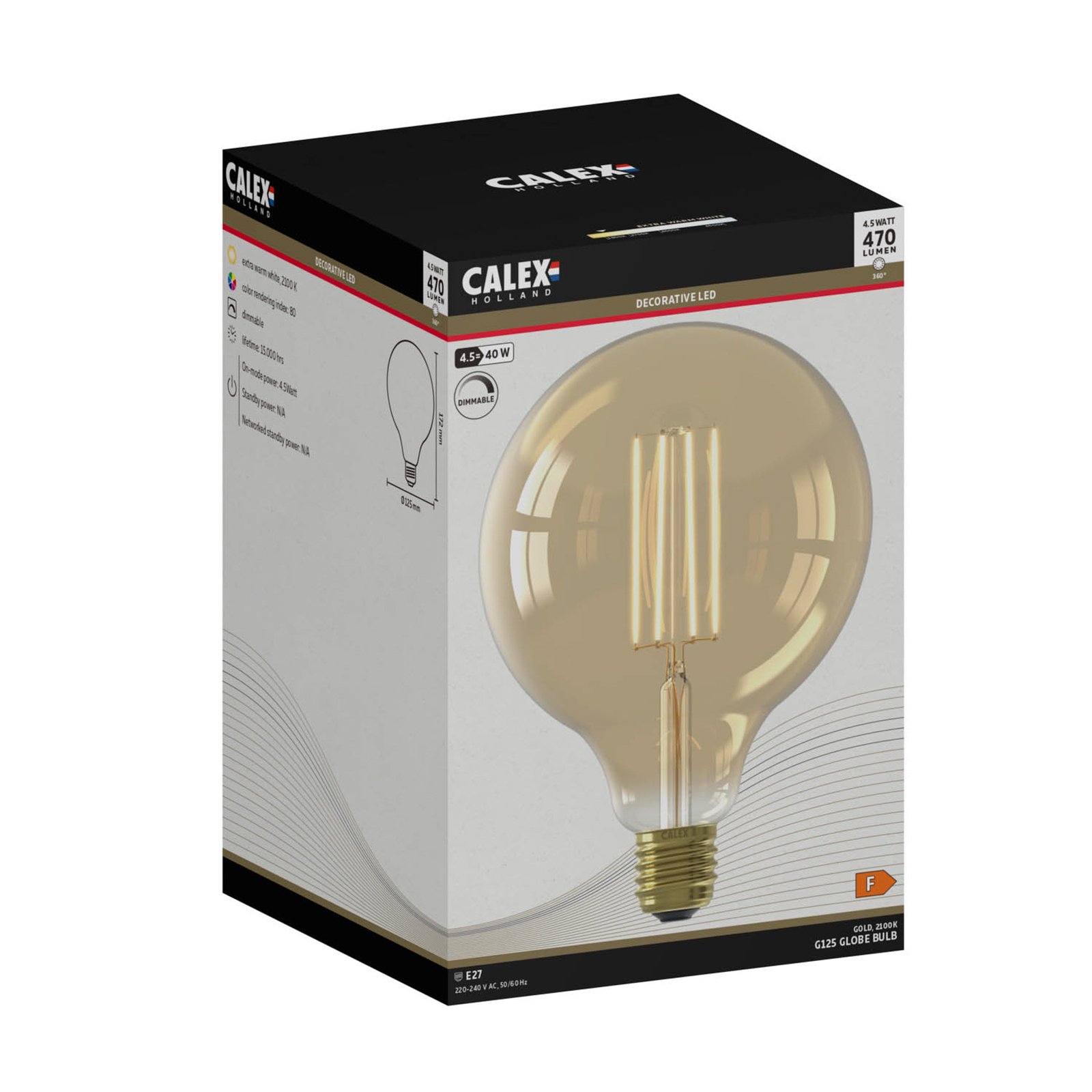 Calex E27 G125 4,5W LED-Filament gold 821 dimmbar