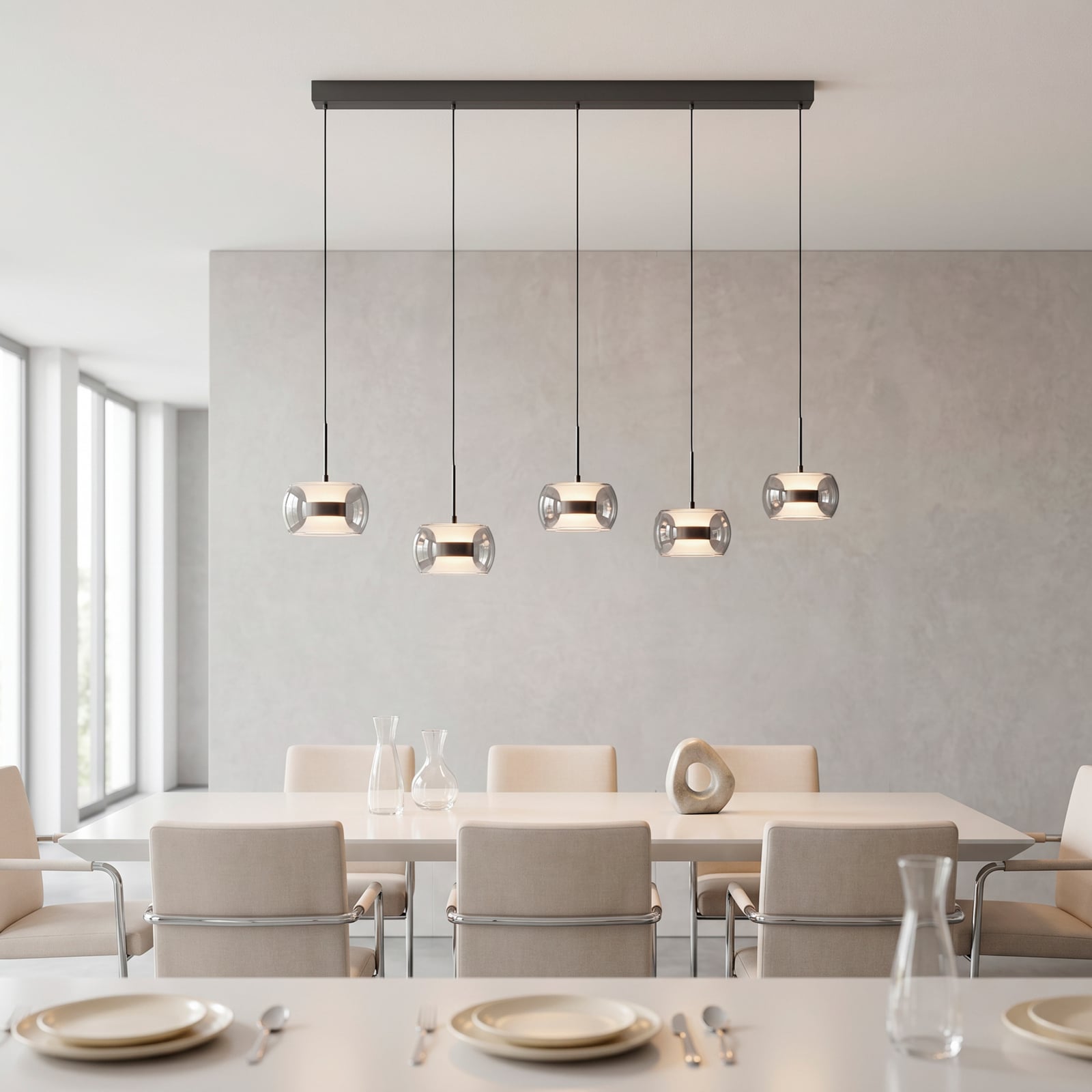 Fumea LED lógó lámpa, hossz: 119 cm, fekete/füstös üveg, CCT, 5 izzós Fumea LED lógó lámpa, hossz: 119 cm, fekete/füstös üveg, CCT, 5 izzós