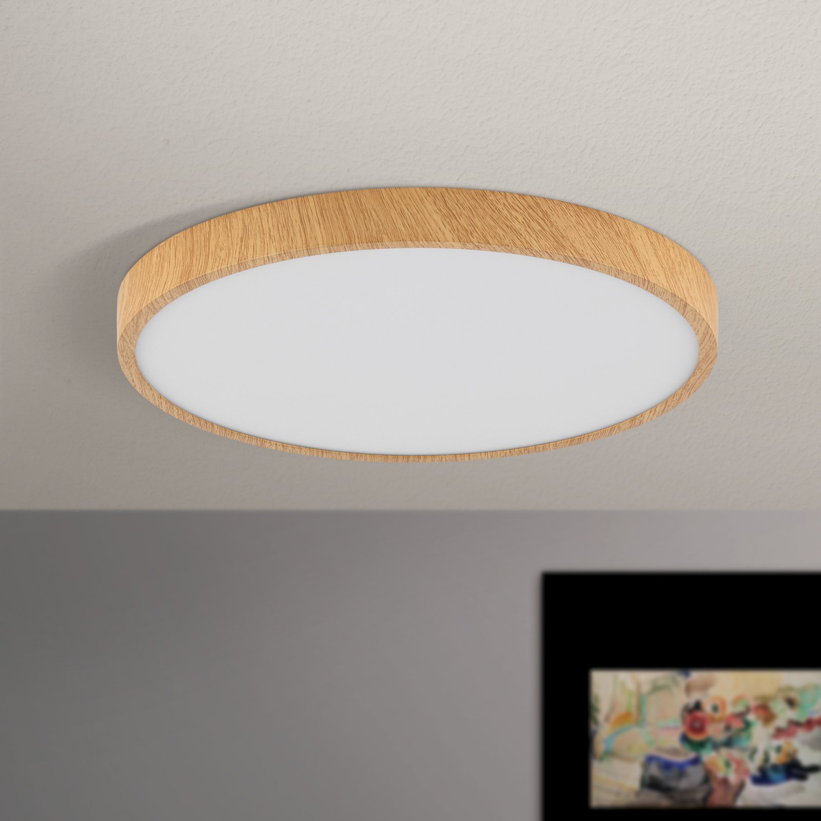 LED plafondlamp Bully met hout-optiek, Ø 28 cm