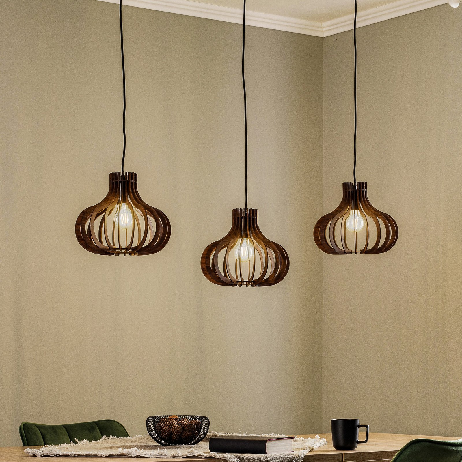 Lampă suspendată Lindby Lawenta cu abajururi din lemn - Camera de zi / sufragerie - Modern - negru mat lemn închis - Metal