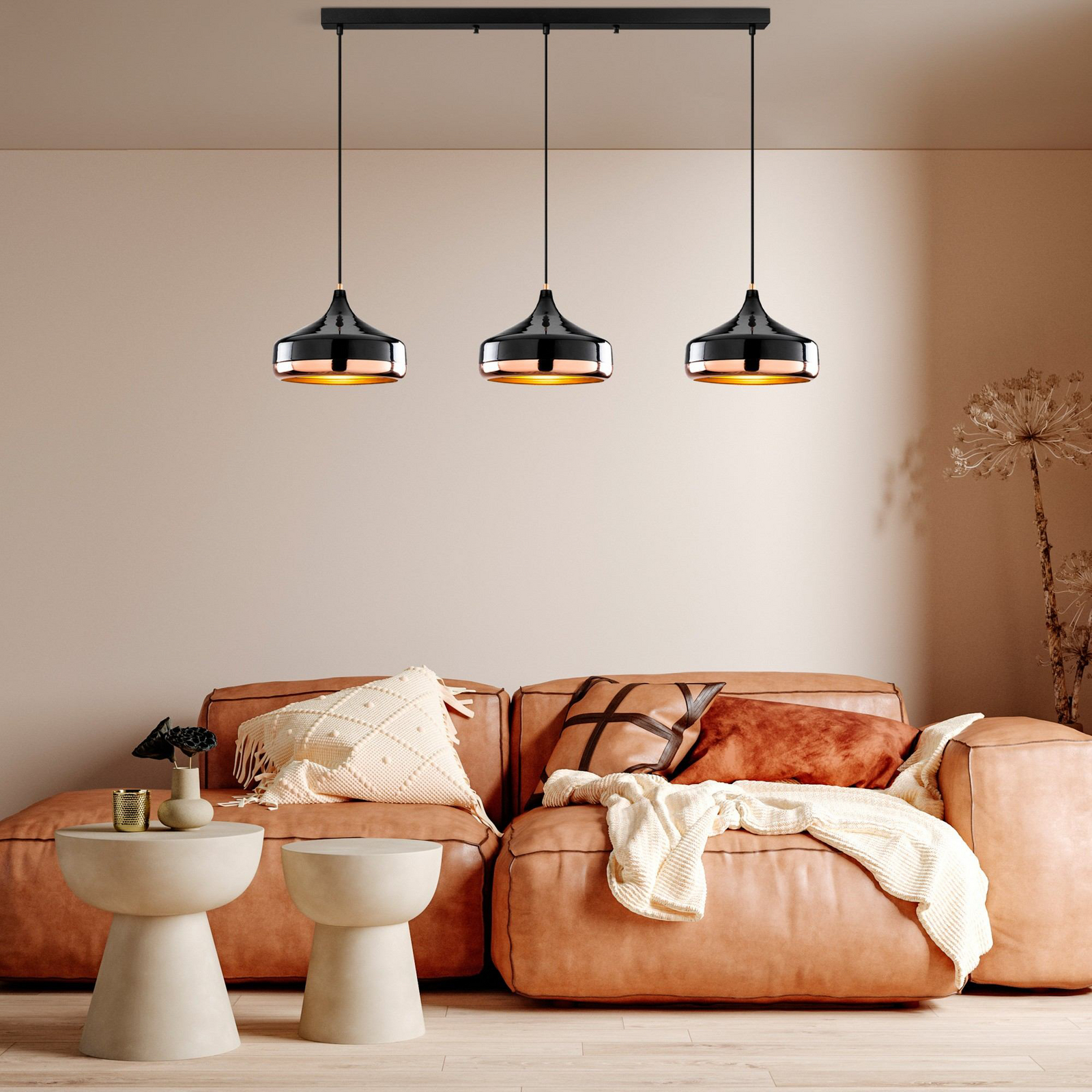 Yildo pendant light, length 146 cm, black/copper, 3-bulb
