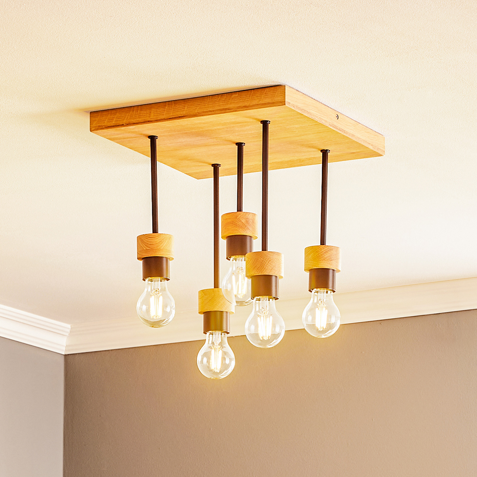 Plafondlamp Millume eikenhout vierkant 5-lamps