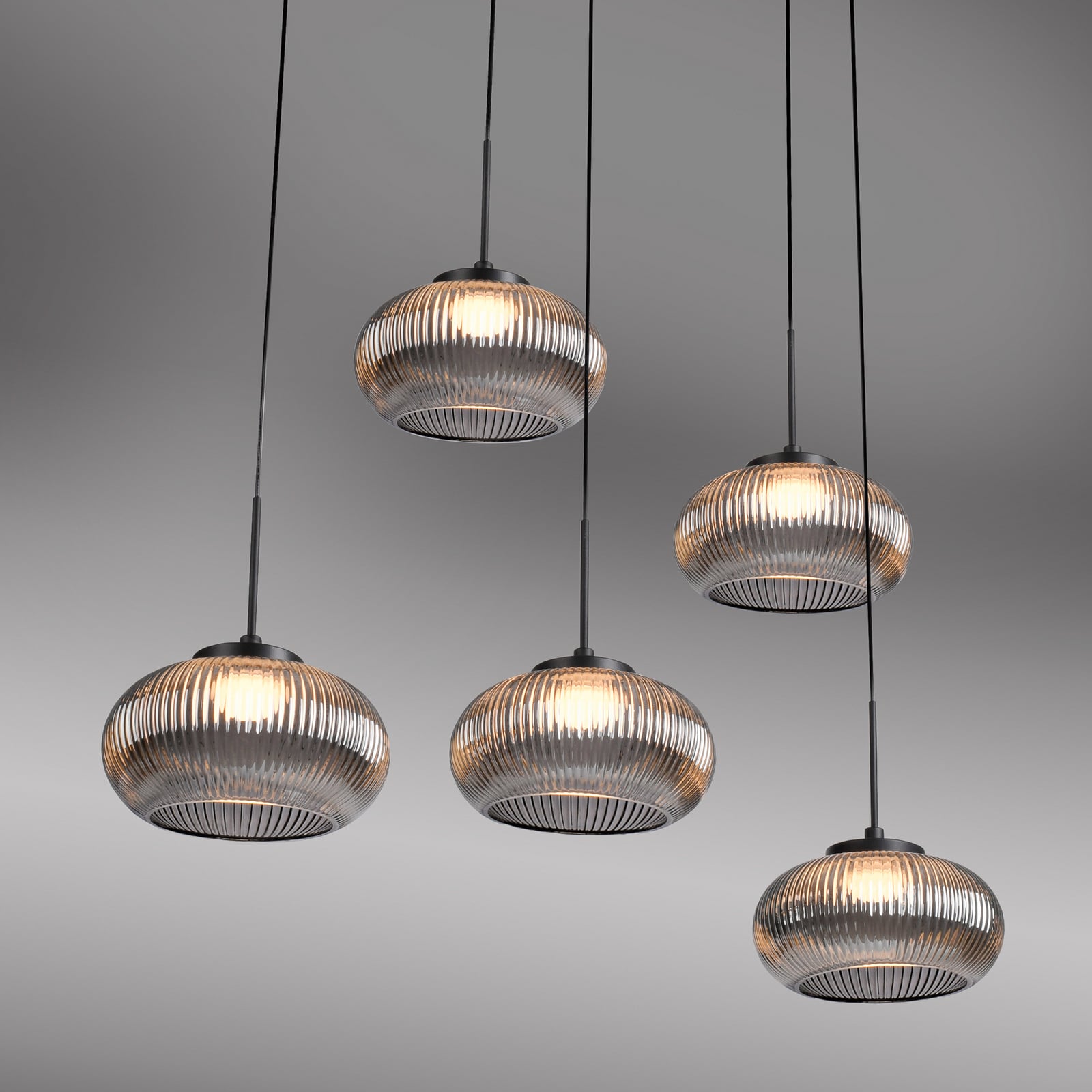 Lámpara colgante LED Noctis, 5 luces, gris ahumado, cristal, atenuable, 3.000 K