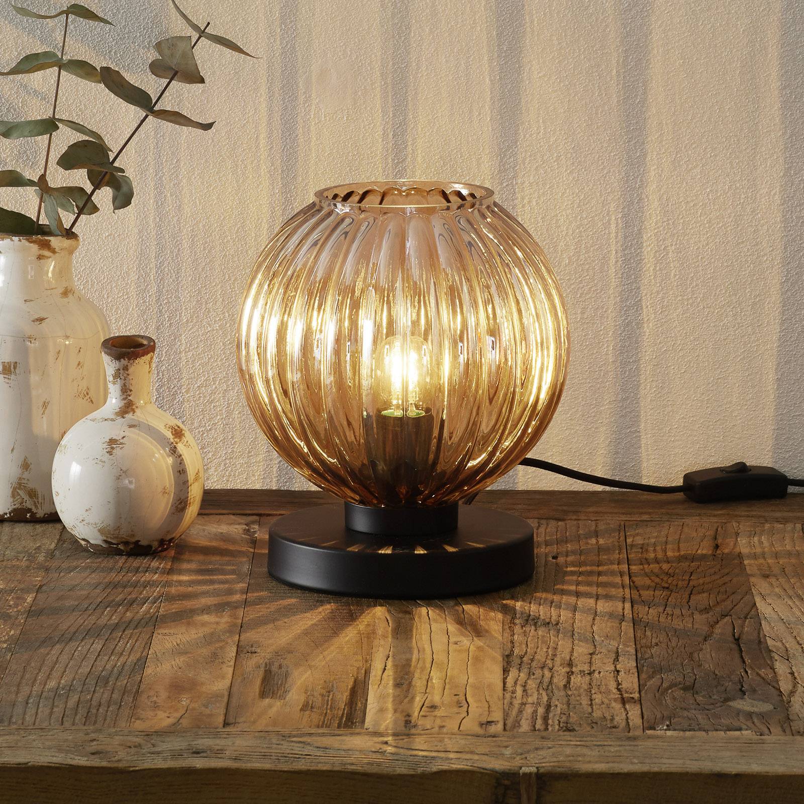 Freelight Zucca table lamp, glass lampshade, amber, for Living / Dining Room, metal, glass, E27, 40 W, energy efficiency: A++, H: 22 cm