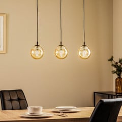 Lampada a sospensione Glassy, a 3 luci, dritta, nera, ambra, vetro