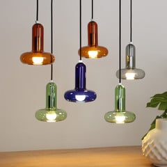 Lampada a sospensione Perseus, colorata, lunghezza 65 cm, a 6 luci, vetro