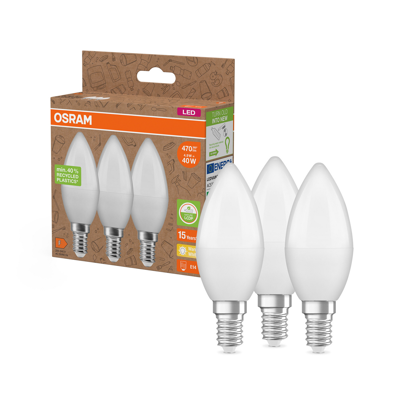 Λαμπτήρας LED OSRAM κερί opal E14 4.9W 827 3-pack