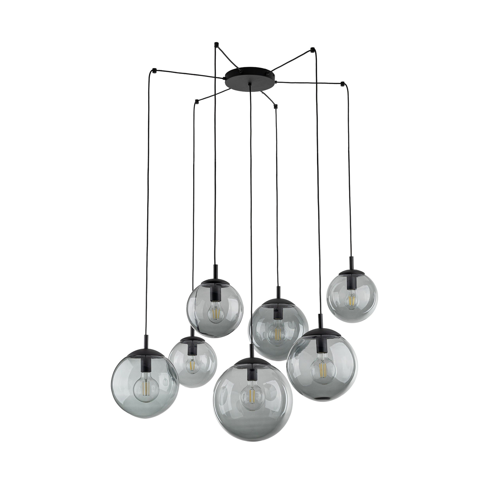 Esme hanging light, glass, graphite-transparent, 7-bulb, decentralised