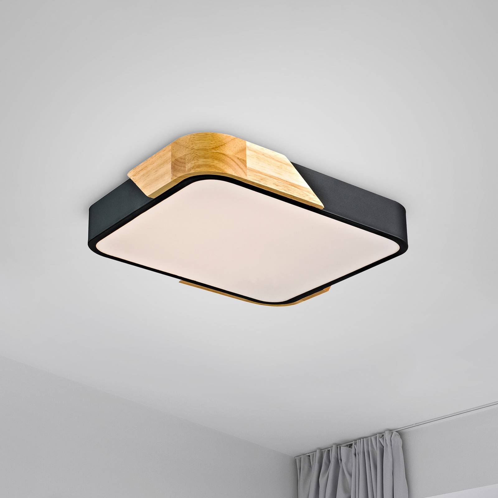 JUST LIGHT. Plafonnier LED Bila noir 32×32 cm bois