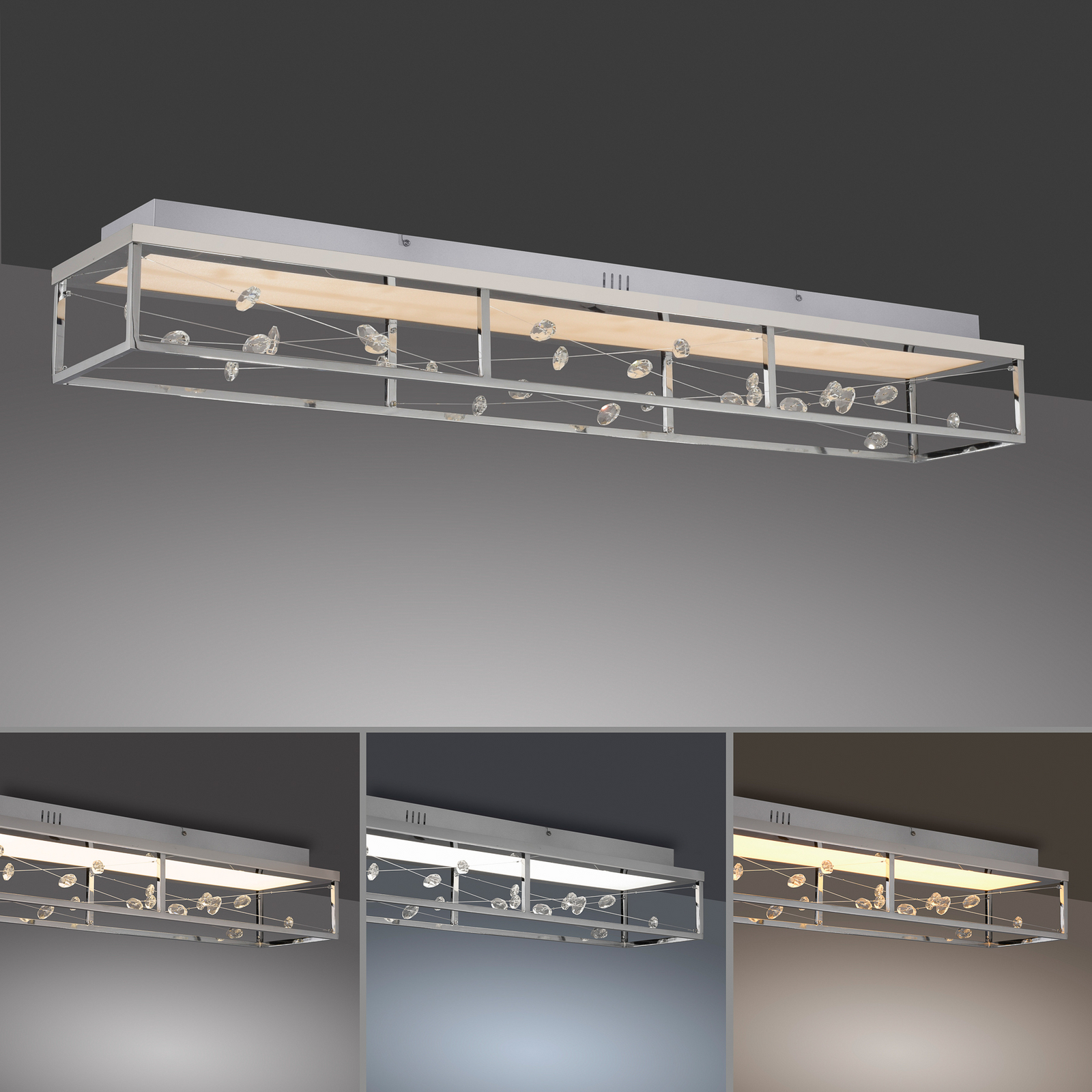 LED lubų šviestuvas „SKINA“, chromas, 112 cm, CCT, reguliuojamas nuotolinio