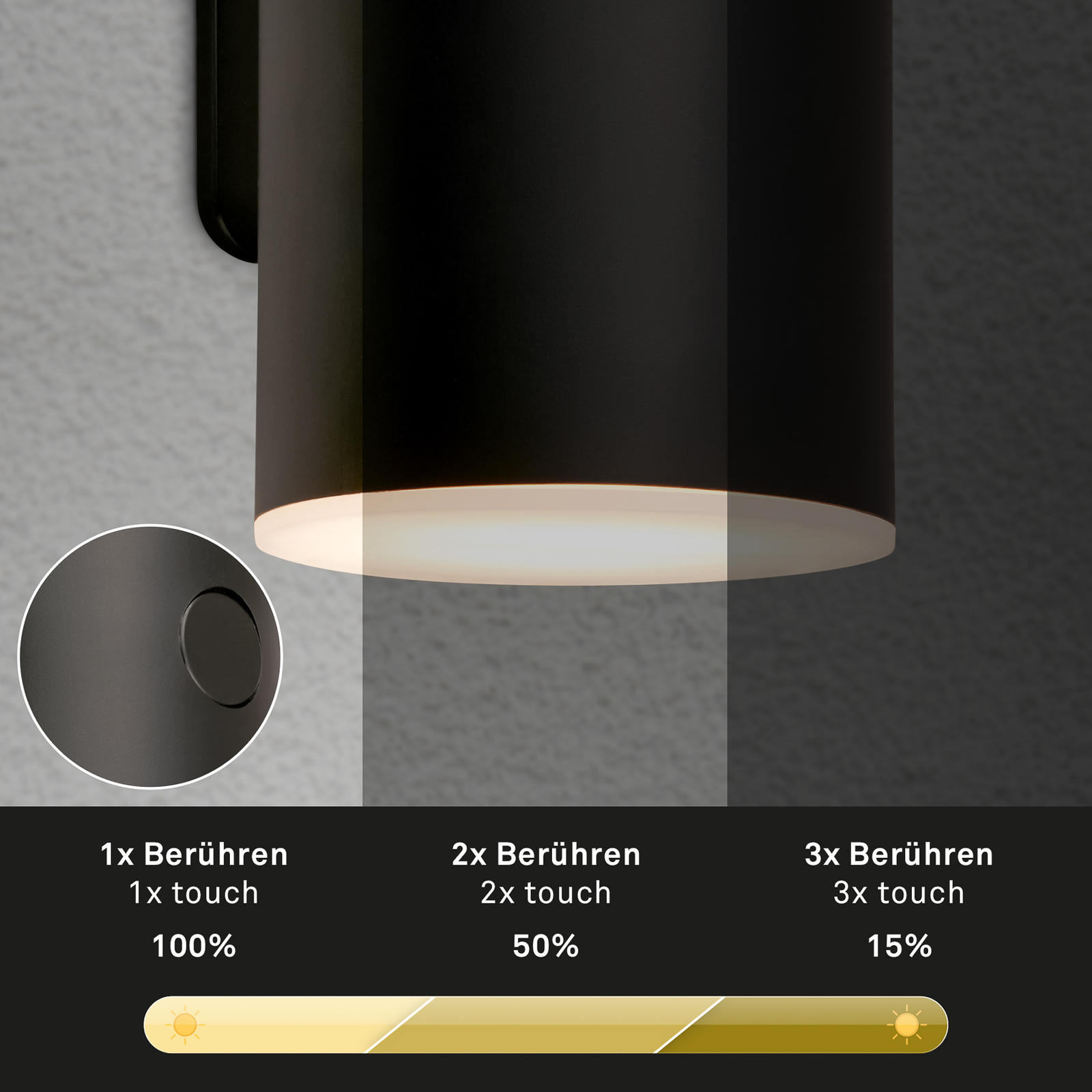 Utendørs vegglampe med oppladbar LED 3786015, svart Berøringsdimmer opp/ned