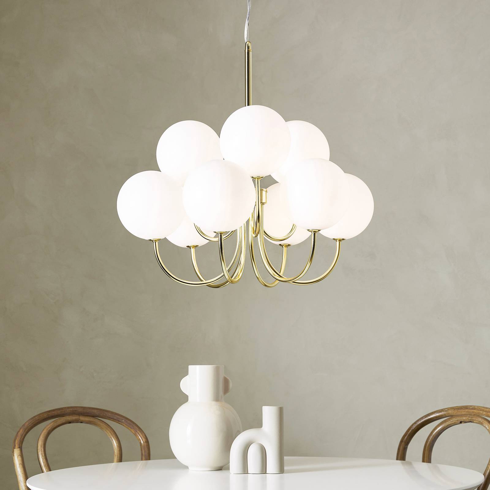 Hängeleuchte Bianco, 9-flammig, gold/weiß, Glas, G9 günstig online kaufen